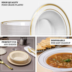 10-Pack Plastic Soup Bowls White with Silver Rim - Stylish Disposable Bowls for Parties 12oz