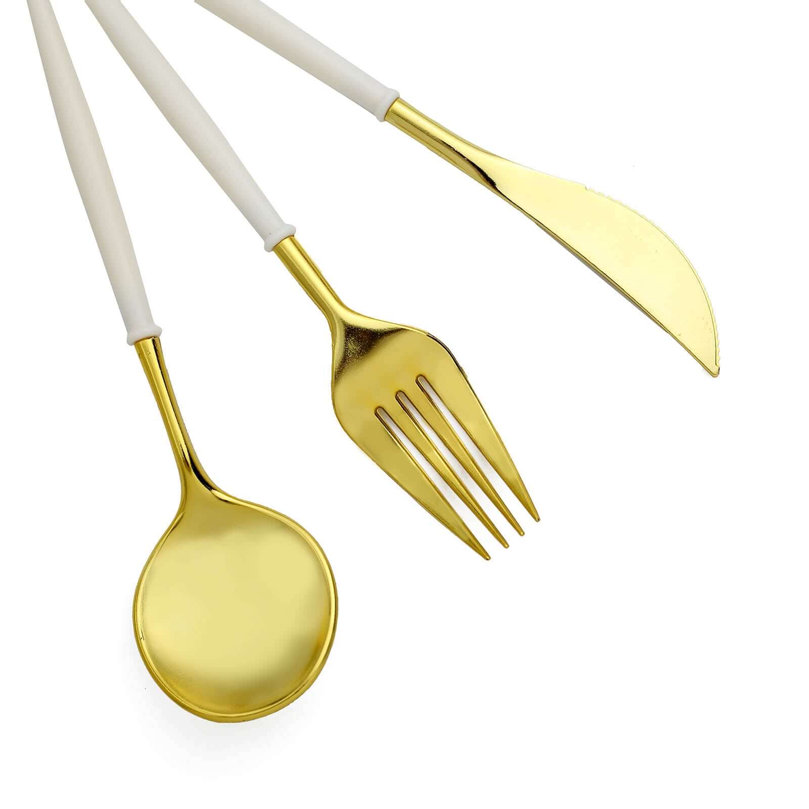 24-Pack Plastic Flatware Set in Metallic Gold with Ivory Handle - Heavy Duty Disposable Modern Silverware 8"