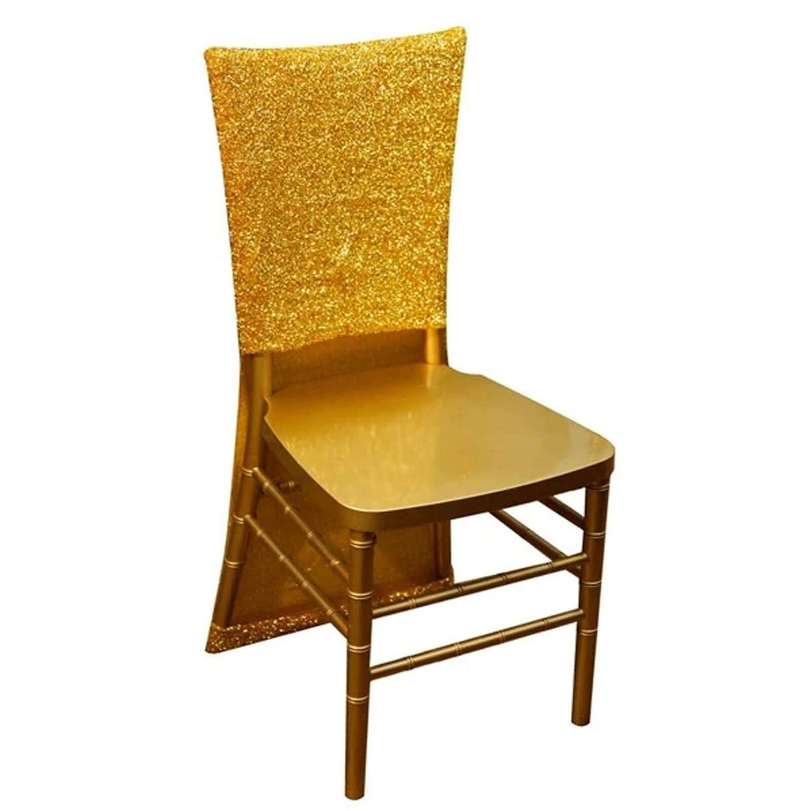 Stretch Spandex Chair Back Slipcover with Metallic Shimmer Tinsel Gold - Durable Chiavari Chair Back Cover for Glamorous Event Settings