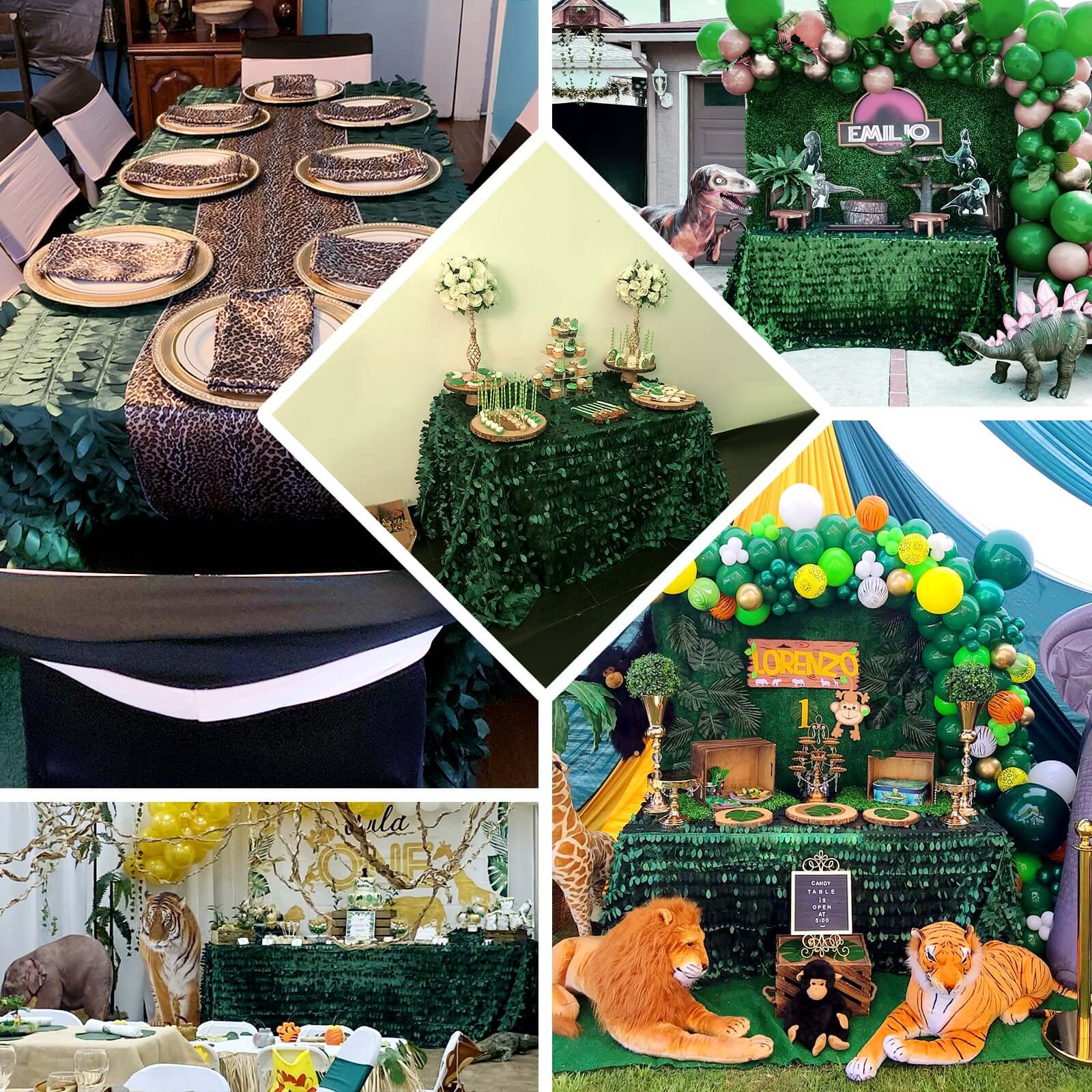Taffeta 90"x156" Rectangle Tablecloth Green | 3D Leaf Petal Design Seamless Table Cover