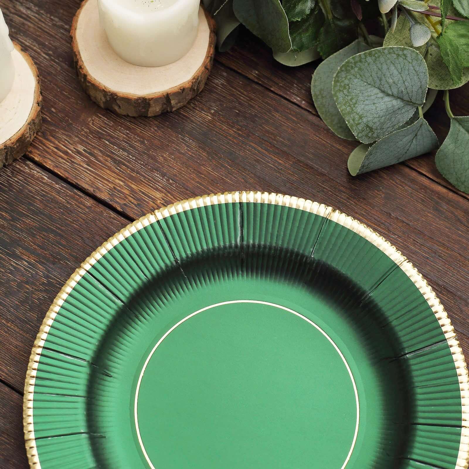 25-Pack Paper 8" Round Dessert Plates in Hunter Emerald Green Sunray Design with Gold Rim - Disposable Heavy Duty 350GSM Appetizer Salad Plates