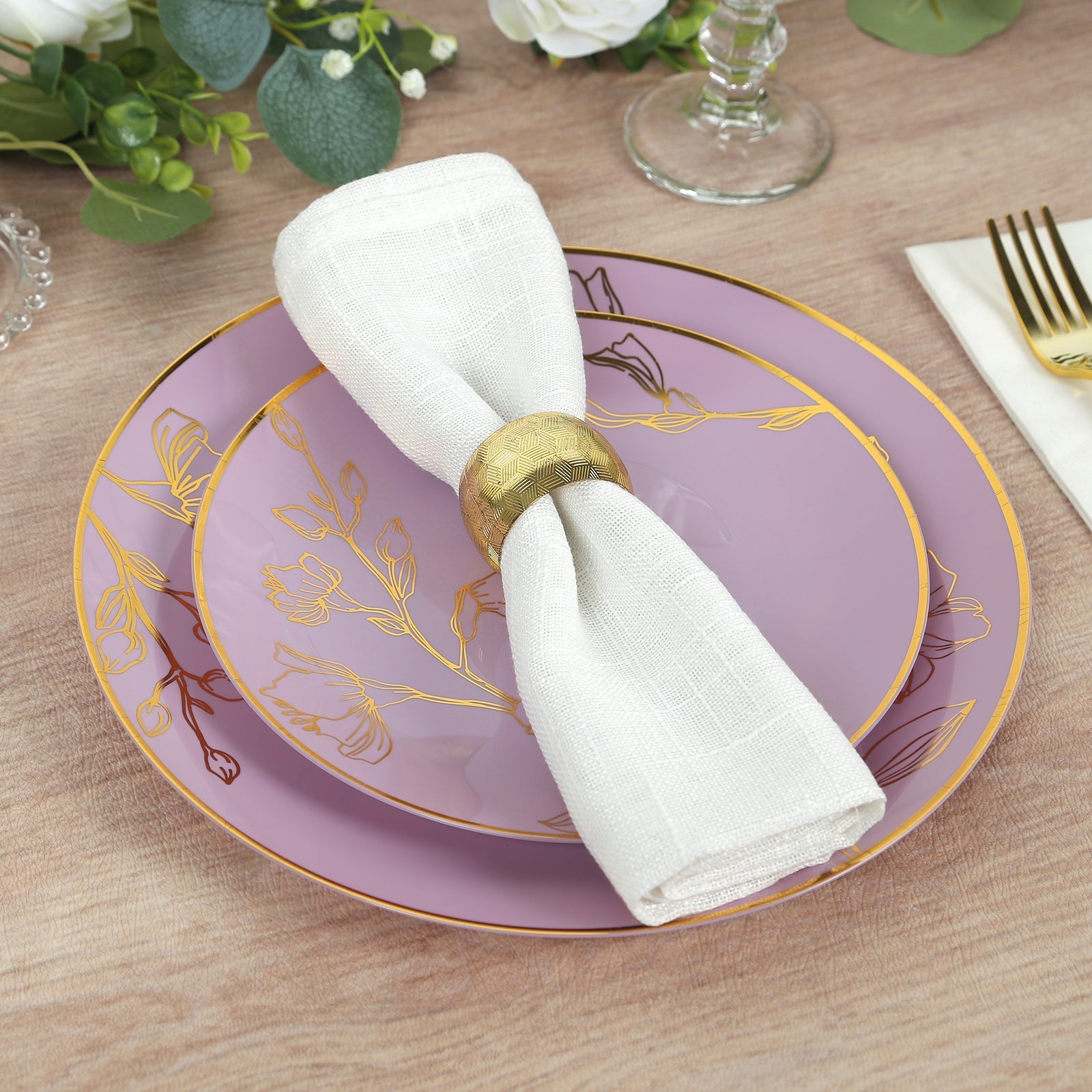 Set of 20 Plastic Round Dinner and Dessert Plates in Lavender Lilac with Metallic Gold Floral Design - Stylish Disposable Dinnerware 8", 10"