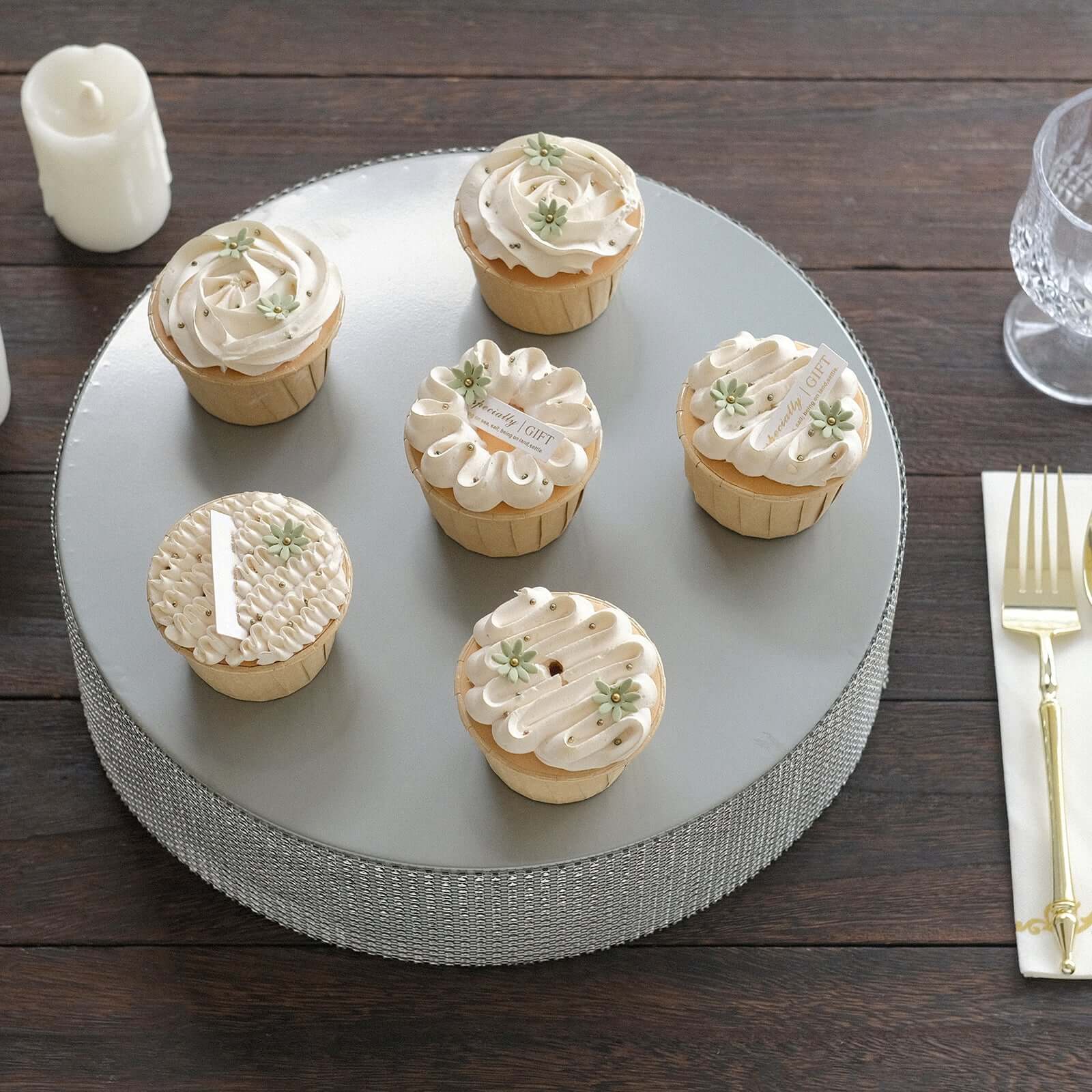 Metal Pedestal Cake Stand Round Design with Rhinestones Silver - Cupcake Holder and Dessert Table Centerpiece 12"