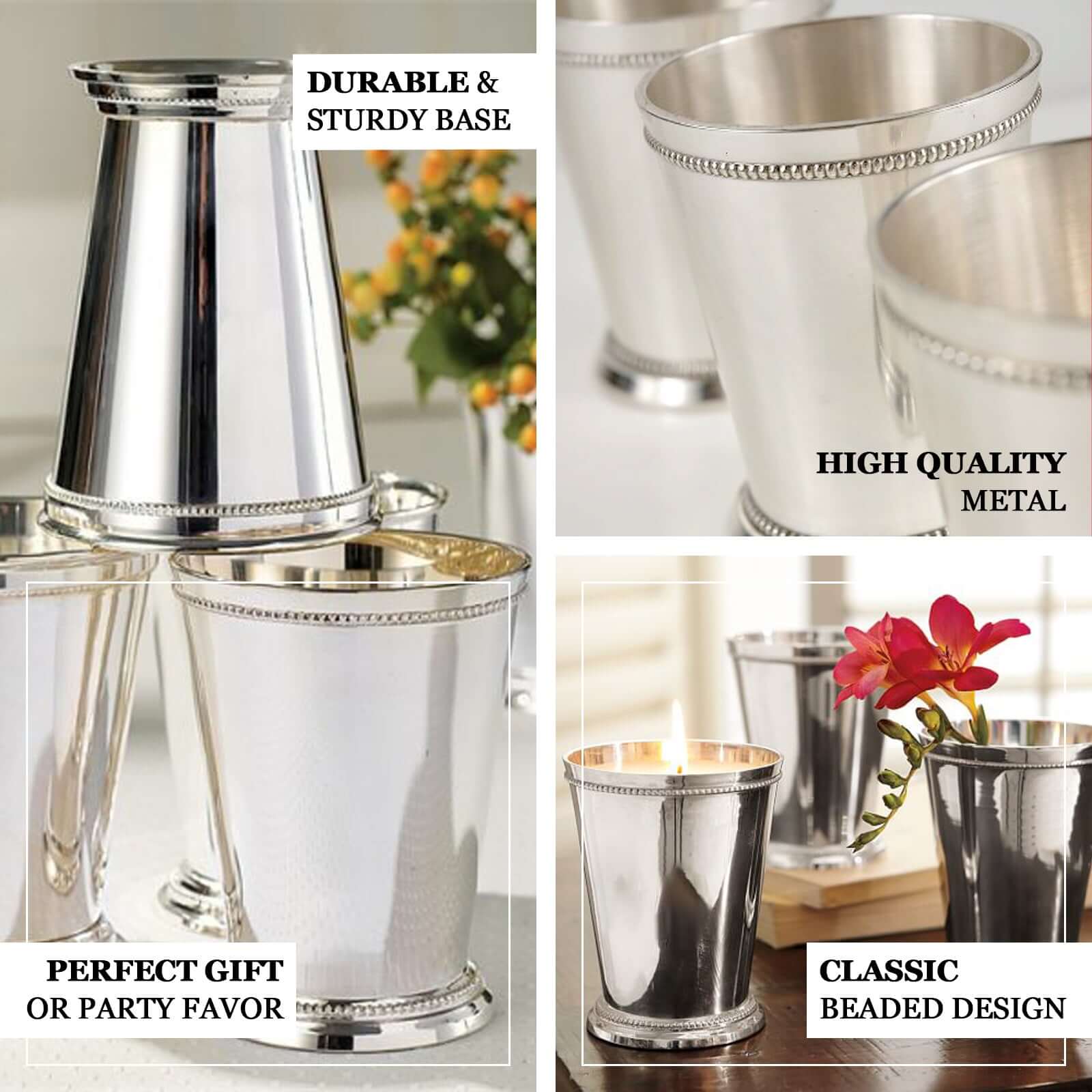 2" Small Silver Metal Beaded Rim Mint Julep Cups, Party Favor Jars