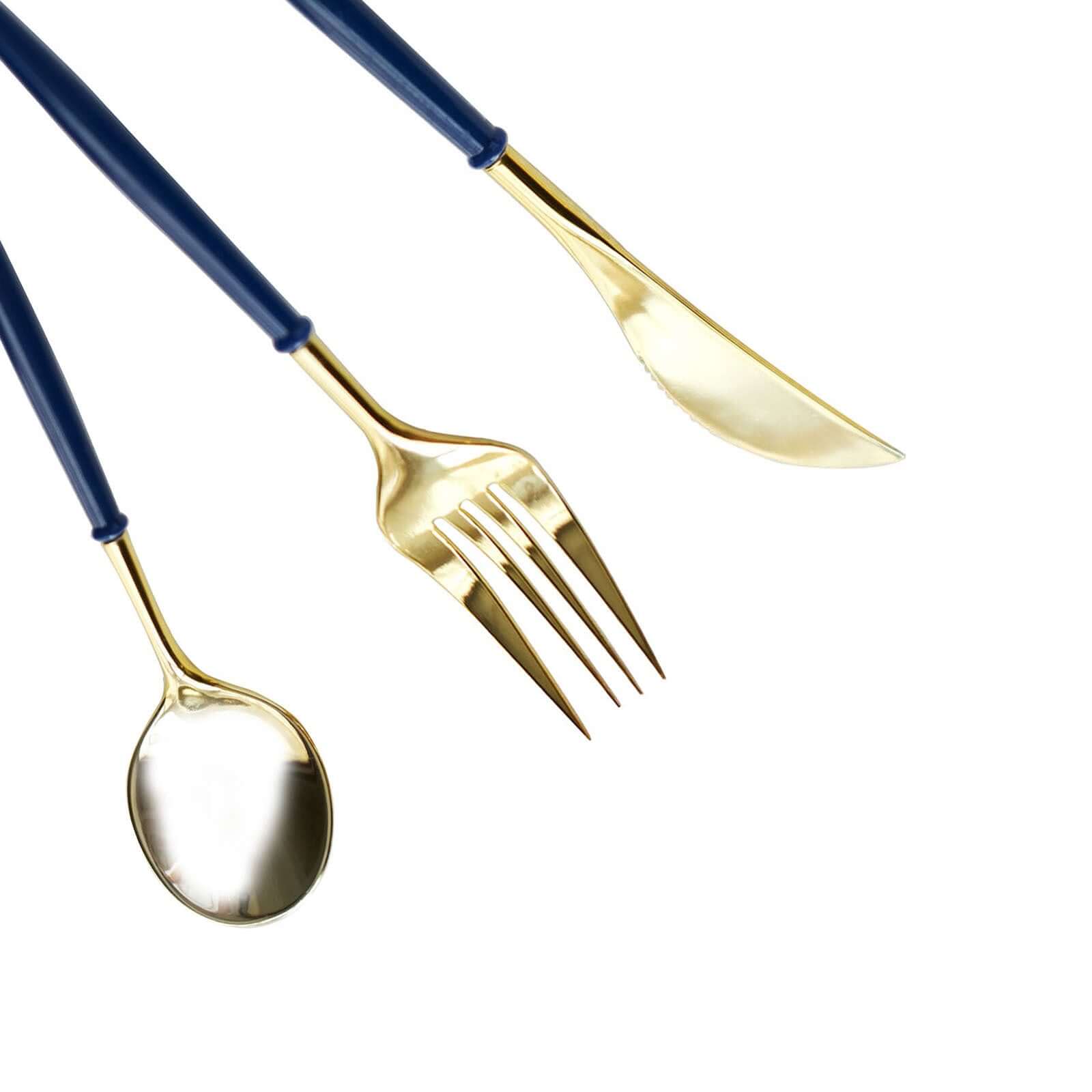 24-Pack Plastic Flatware Set in Metallic Gold with Royal Blue Handle - Heavy Duty Disposable Modern Silverware 8"