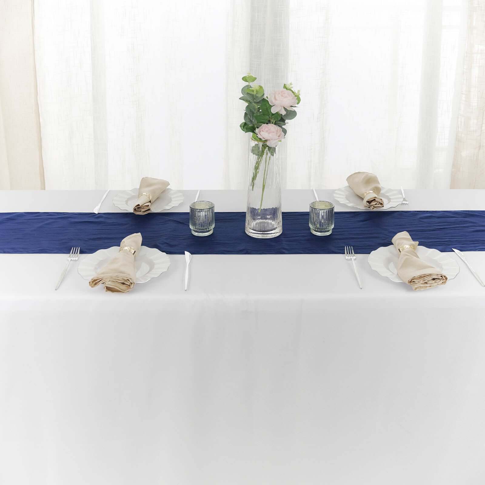 Taffeta 12"x108" Table Runner Navy Blue - Accordion Crinkle Design