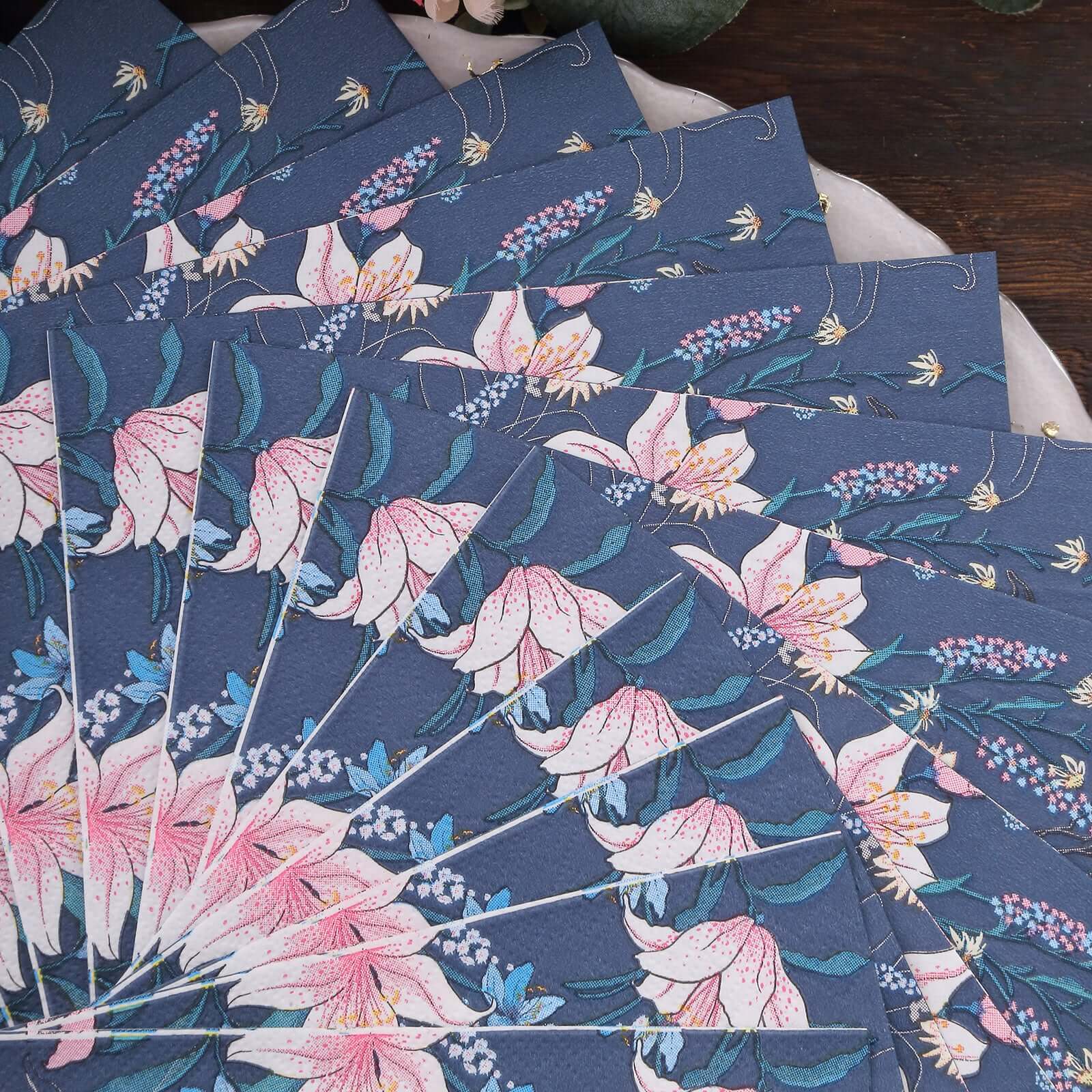 50-Pack Paper Beverage Napkins with Water Lily Floral Design Navy Blue - 2 Ply Soft 18GSM Wedding Napkins 6.5"x6.5"