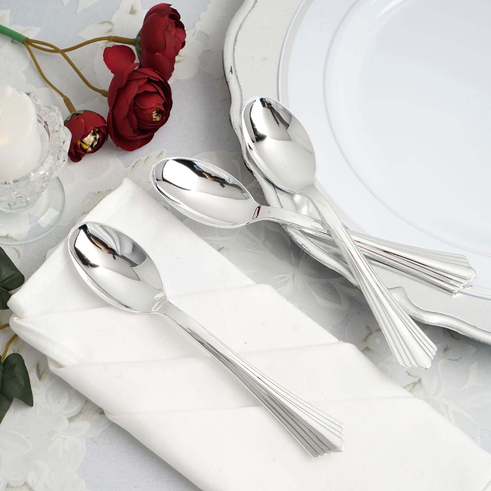 25-Pack Plastic Spoons Light Silver Heavy Duty with Fluted Handles - Reliable Disposable Cutlery 7"