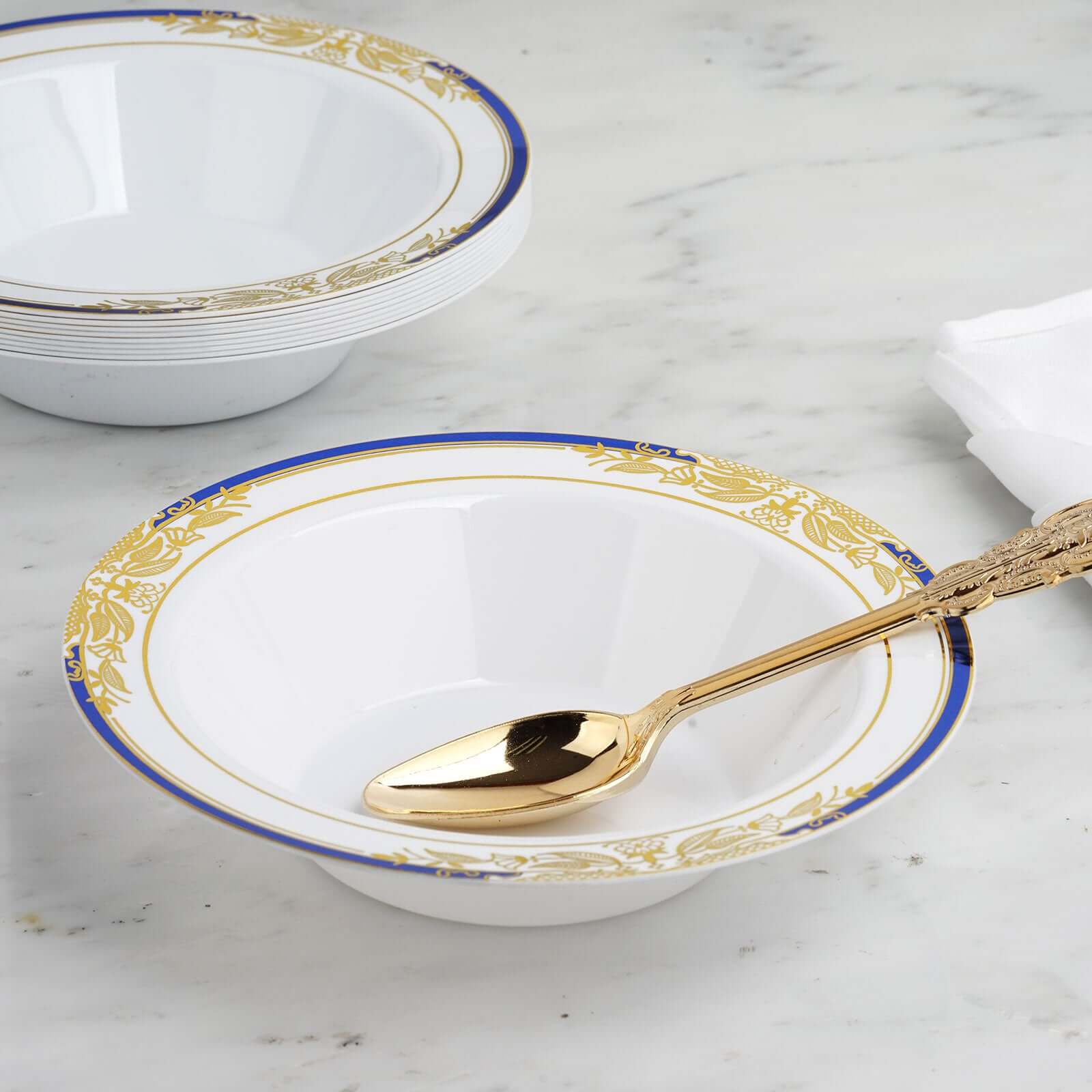 10-Pack Plastic Round Soup Bowl in White with Gold Vine & Royal Blue Rim - Sturdy Disposable Salad Dessert Bowls for Catering & Events 12oz