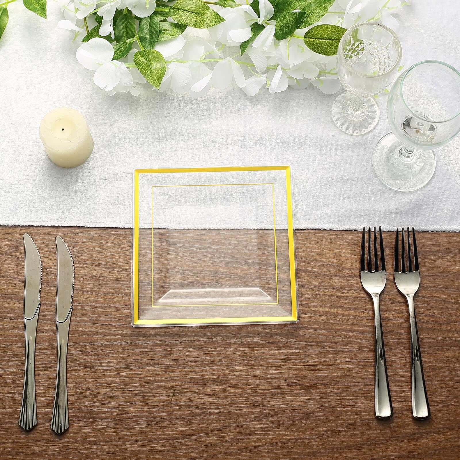 10-Pack Plastic Salad Dessert Plates Clear Square with Gold Trim - Durable Disposable Appetizer Plates 7"