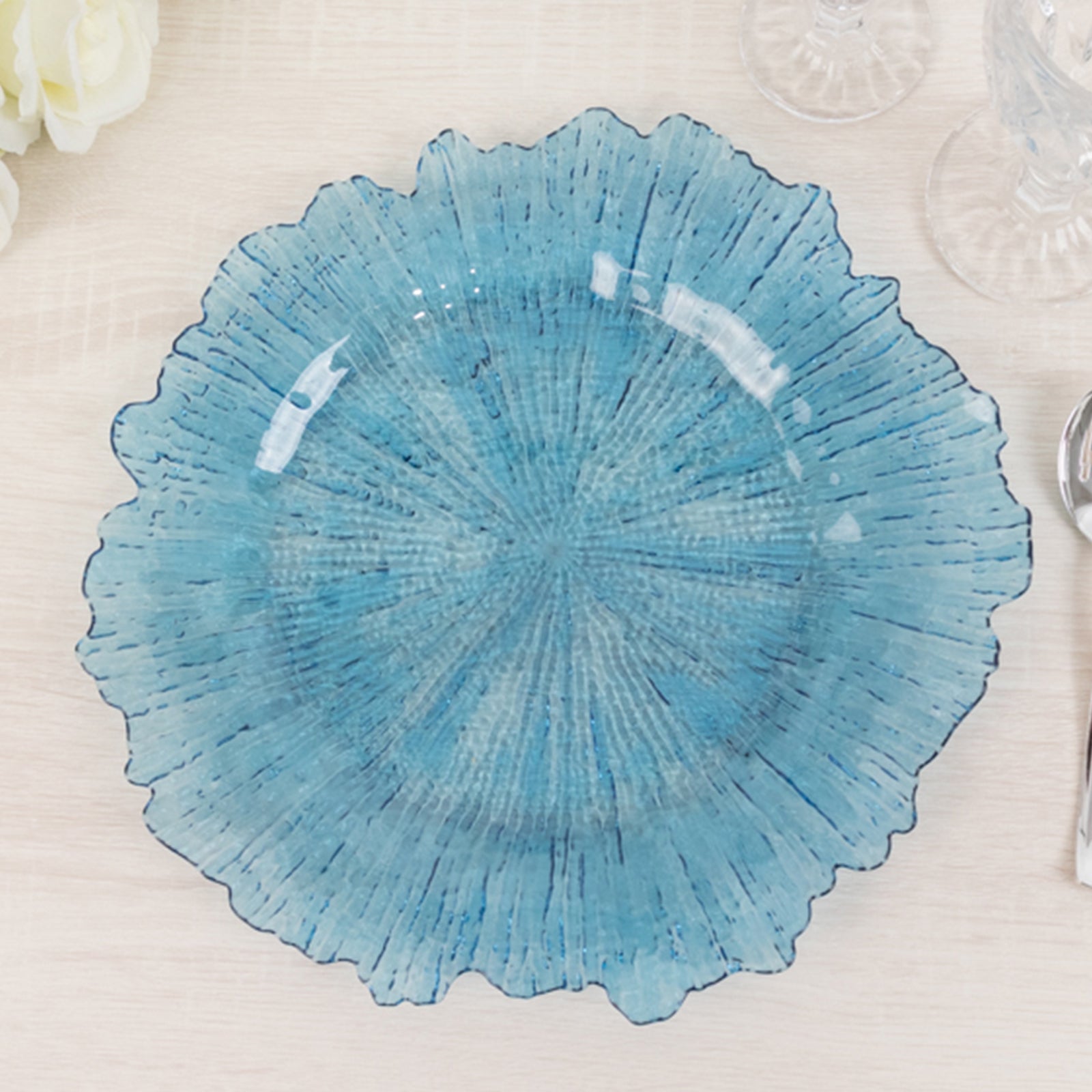 6-Pack Acrylic Plastic Round Charger Plates 13" in Transparent Dusty Blue with Reef Design, Dinner Charger Tableware