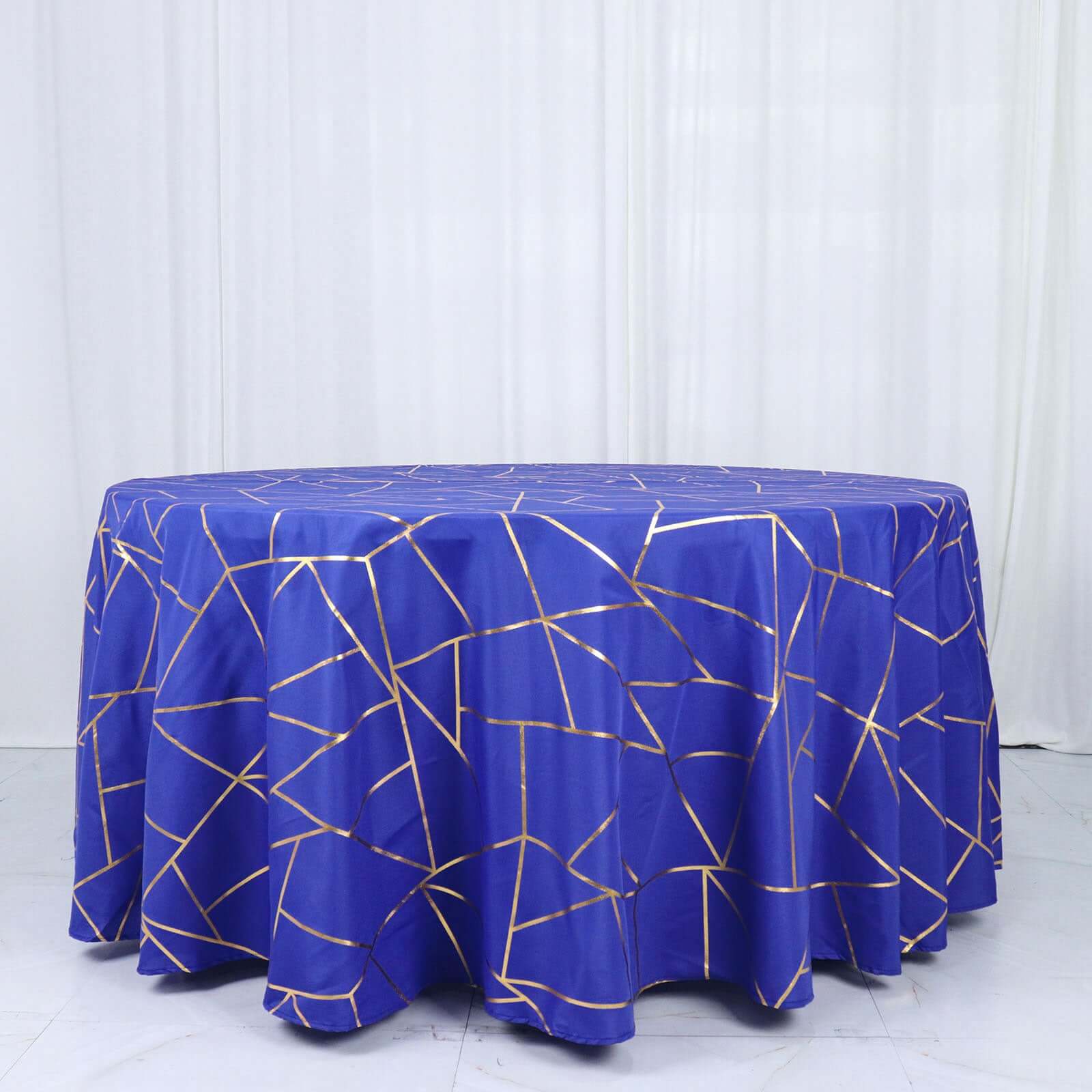 Polyester 120" Round Tablecloth Royal with Gold Foil Geometric Pattern Wrinkle-Resistant Seamless Table Cover
