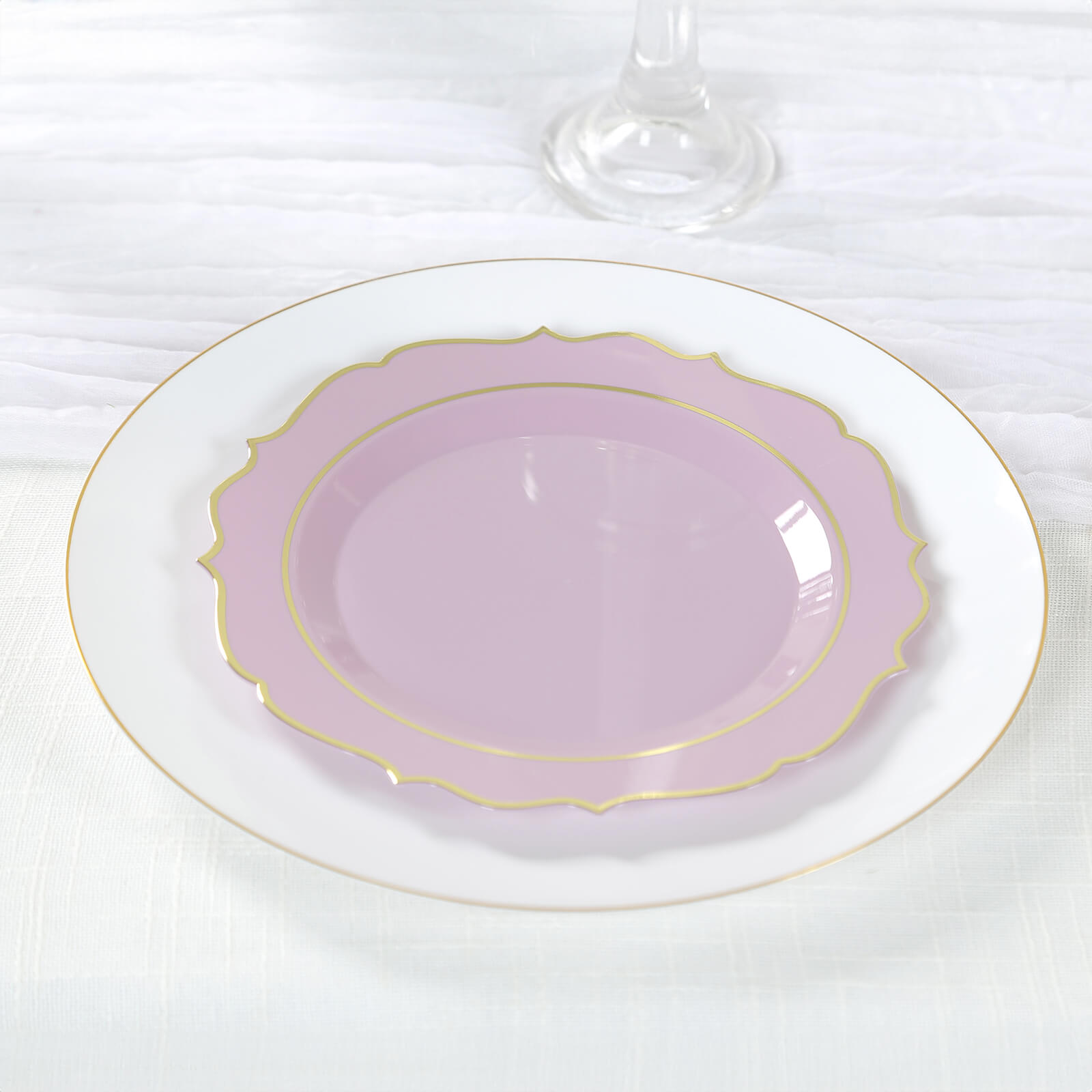 10-Pack Plastic 8" Round Desert Plates in Lavender Lilac with Gold Scalloped Rim - Disposable Appetizer/Salad Plates