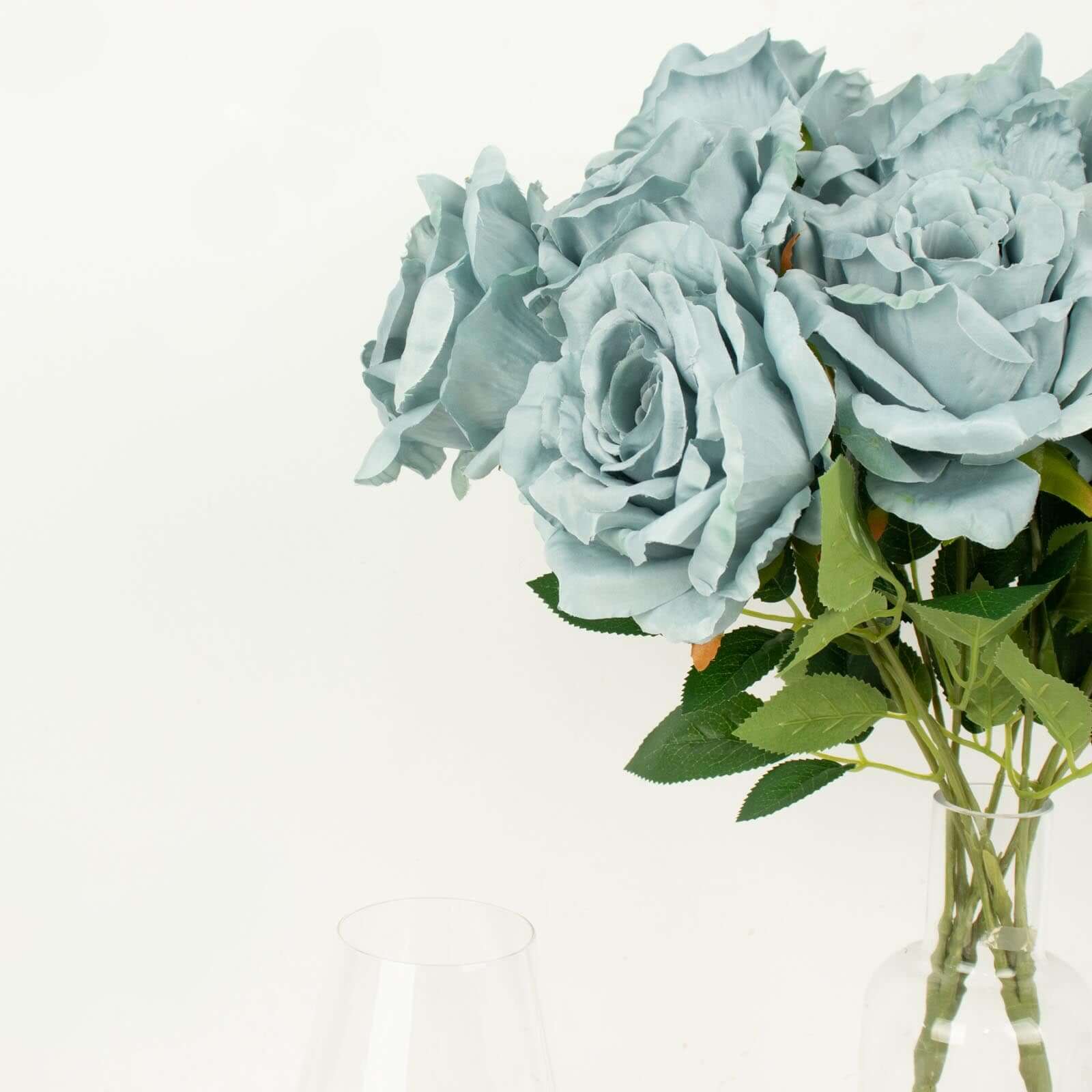 2 Bushes 17" Dusty Blue Premium Silk Jumbo Rose Flower Bouquet, High Quality Artificial Wedding Floral Arrangements