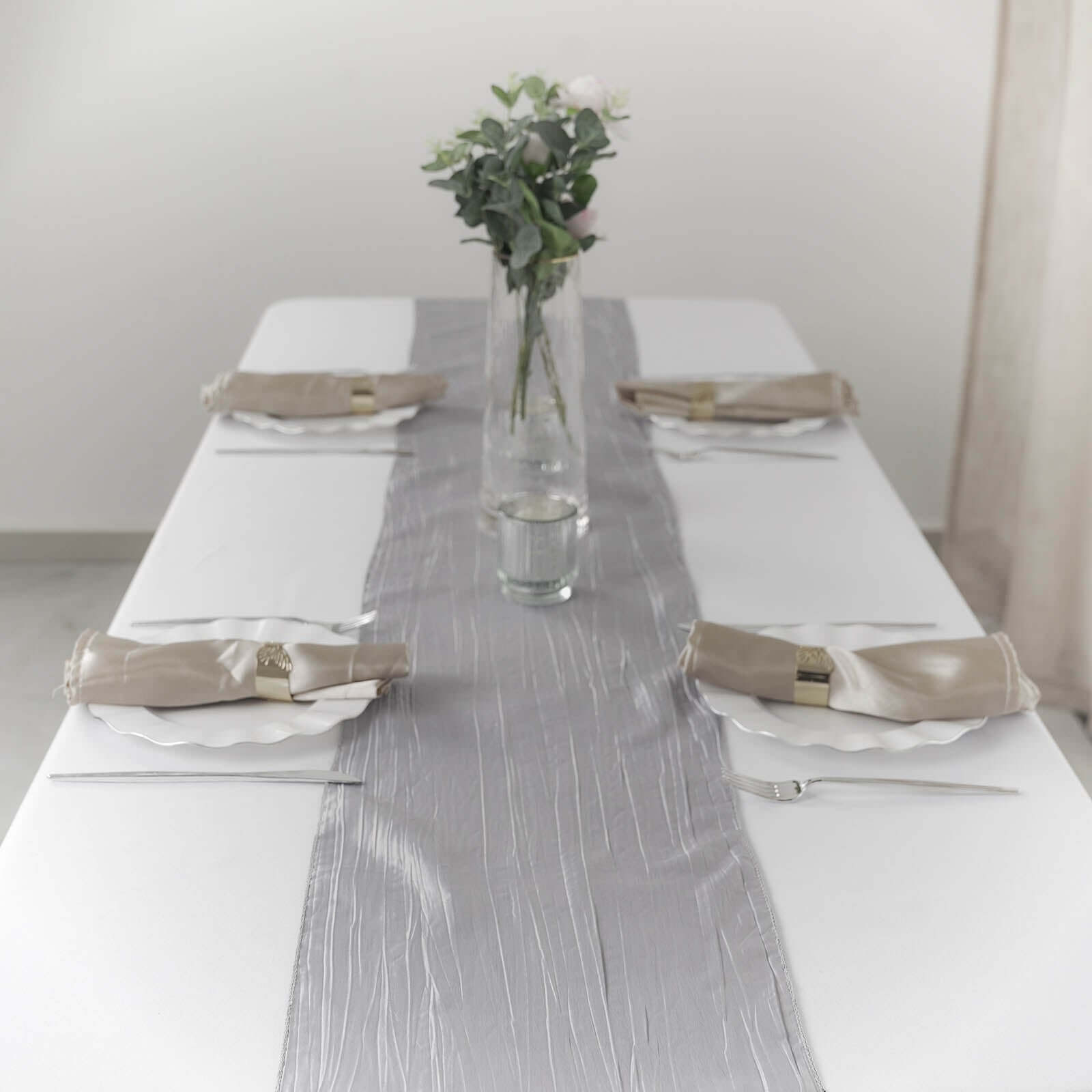 Taffeta 12"x108" Table Runner Silver - Accordion Crinkle Design