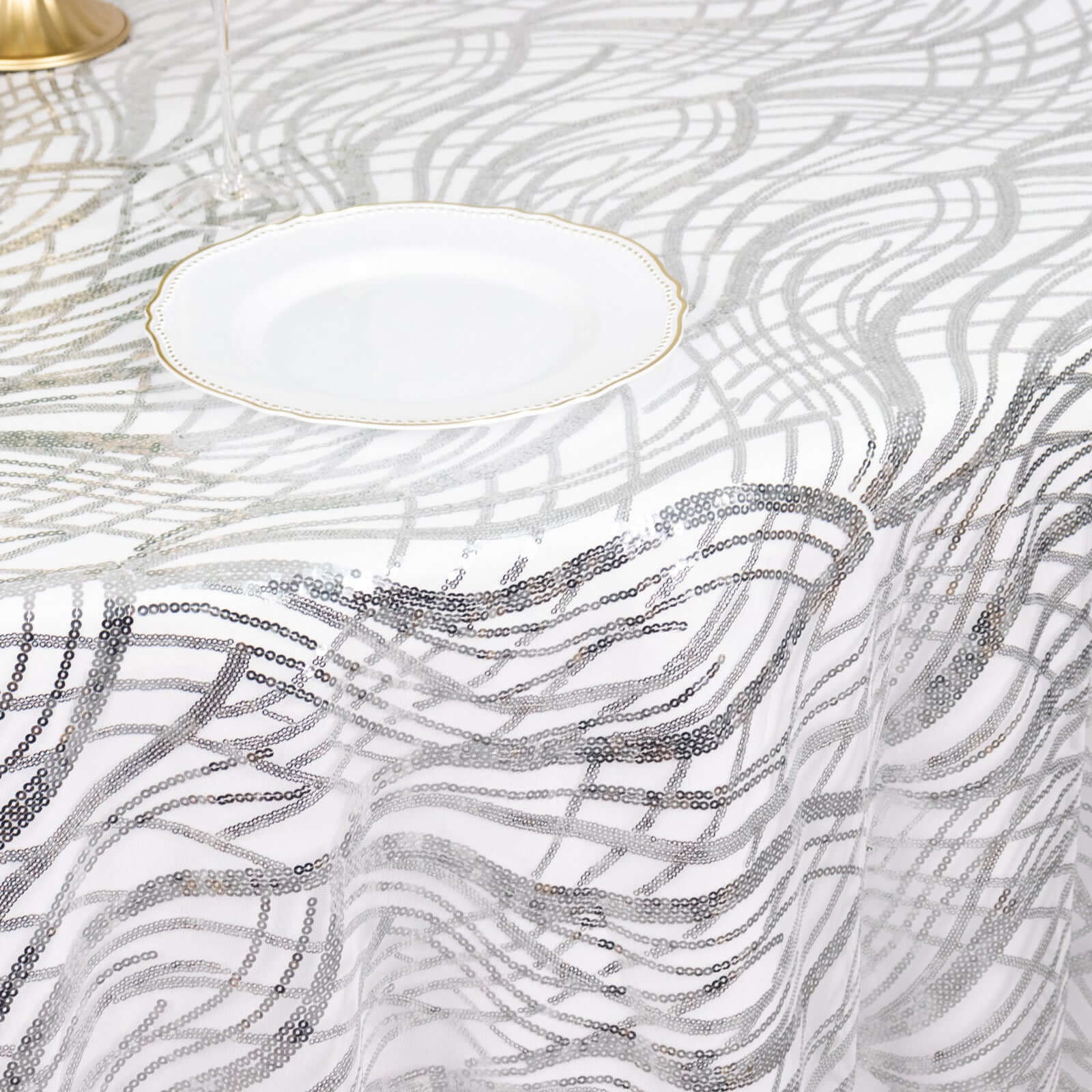 Sequin Mesh 120" Round Tablecloth Silver - Seamless Wave Embroidered Table Cover