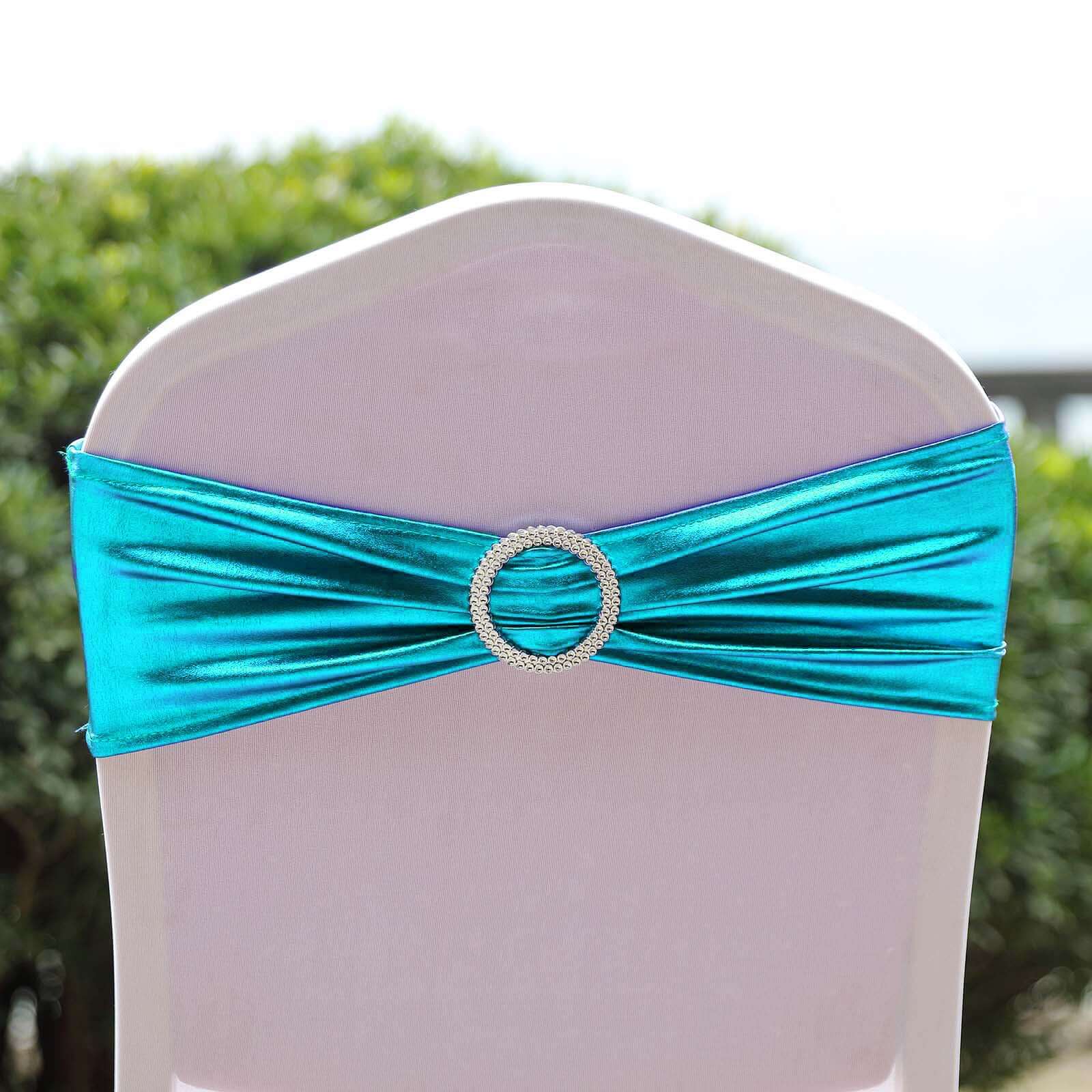 5 Pack Metallic Spandex Chair Sashes Peacock Teal - Stretch Fit Chair Bands With Round Diamond Buckles