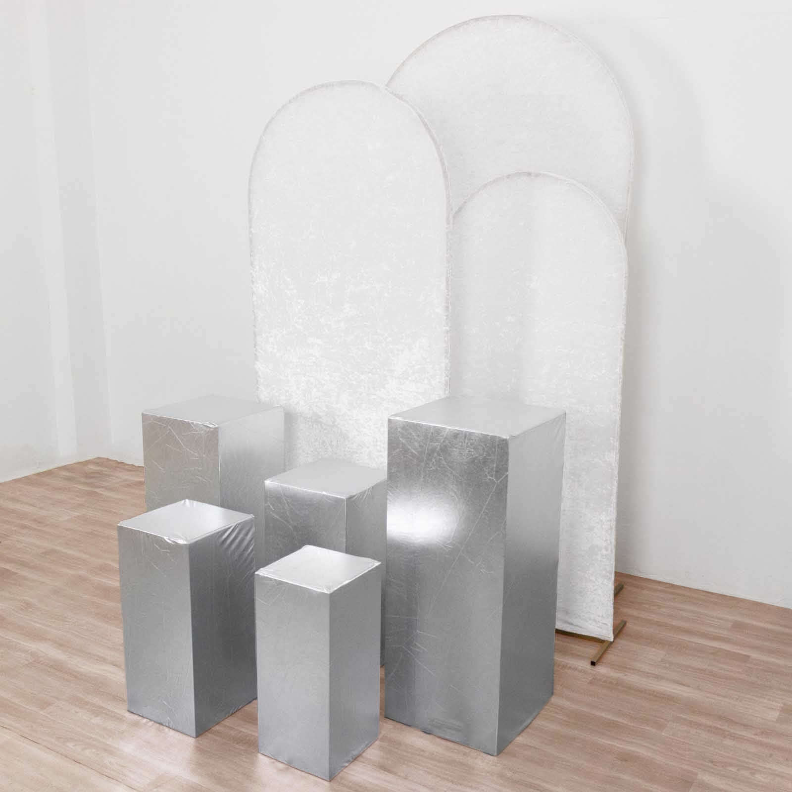 Set of 5 Metallic Silver Spandex Rectangle Pedestal Stand Covers, Stretchable Pillar Prop Covers - 160 GSM