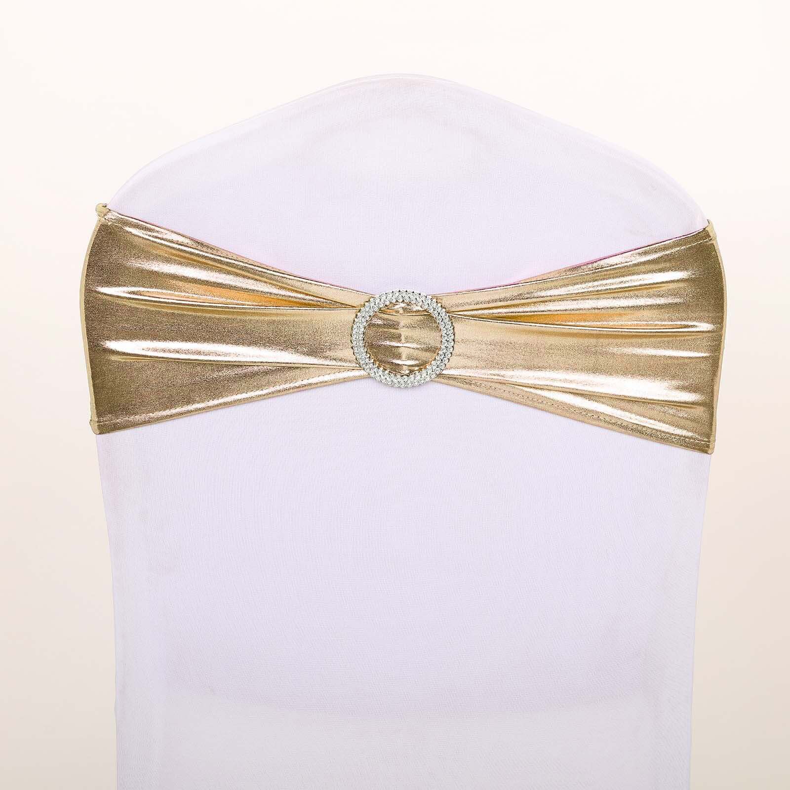 5 Pack Metallic Spandex Chair Sashes Champagne - Stretch Fit Chair Bands With Round Diamond Buckles