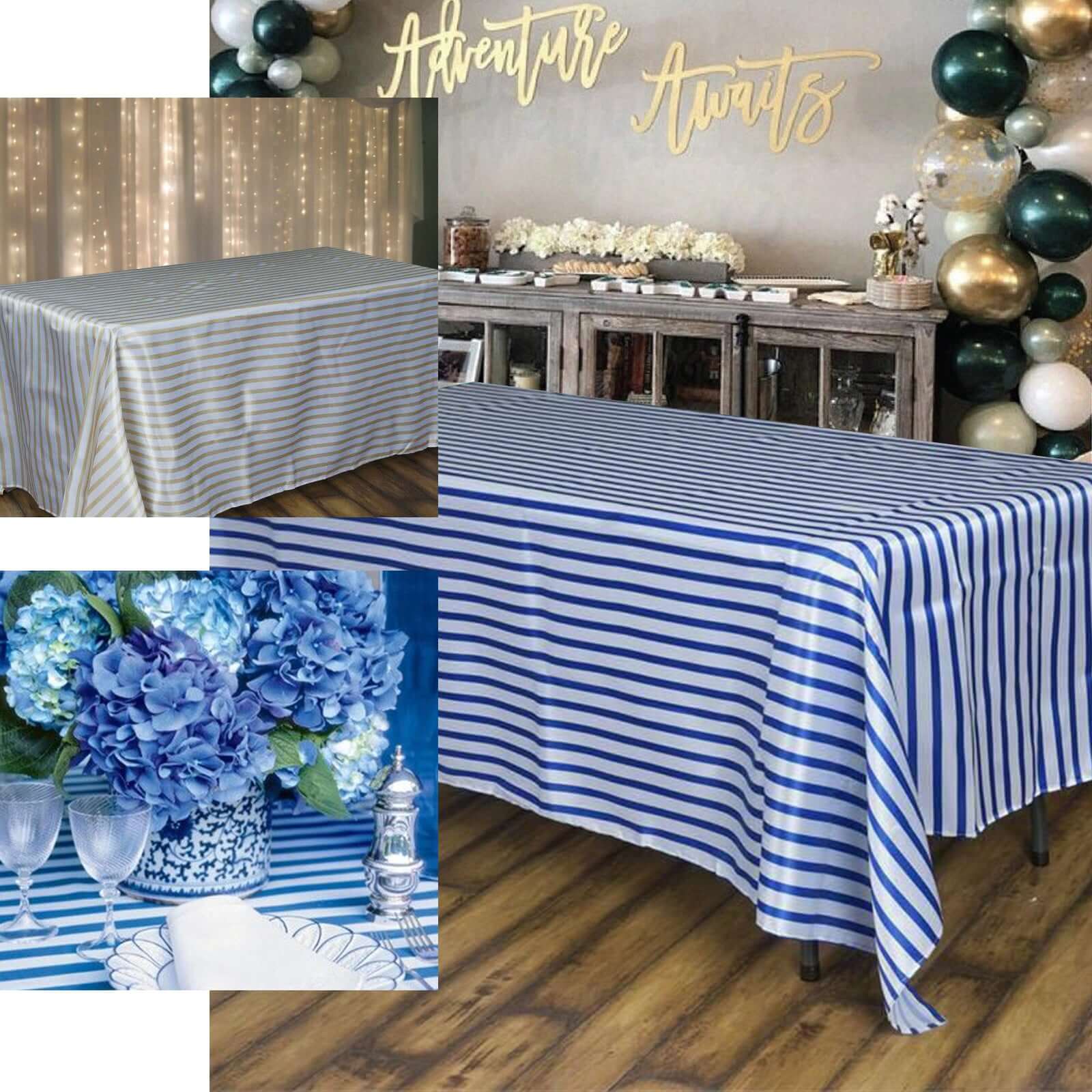 90"x156" White Champagne Seamless Stripe Satin Rectangle Tablecloth for 8 Foot Table With Floor-Length Drop