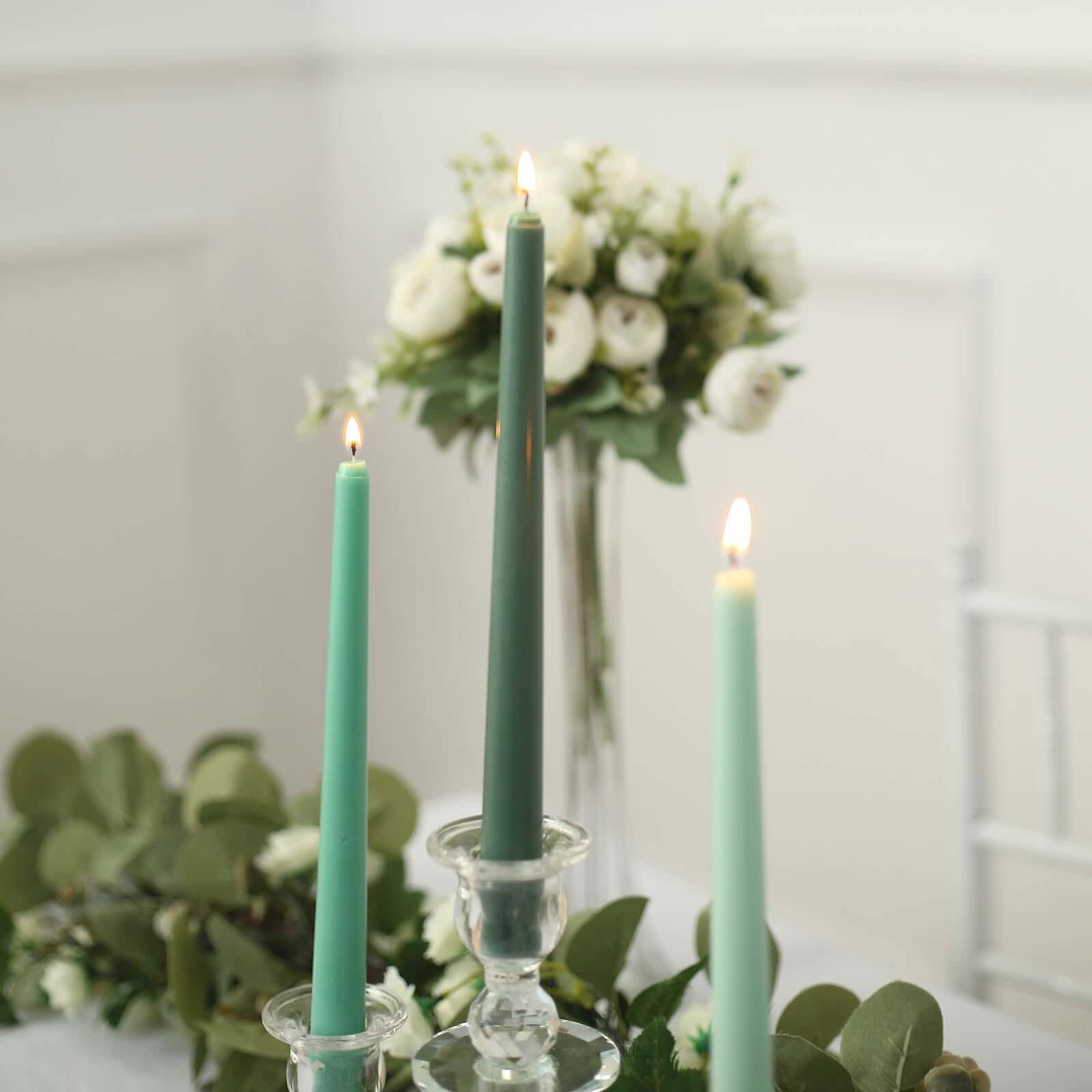 12-Pack Taper Candles Premium Wax Design Mixed Green - Unscented Candles for Sophisticated Decor 10"