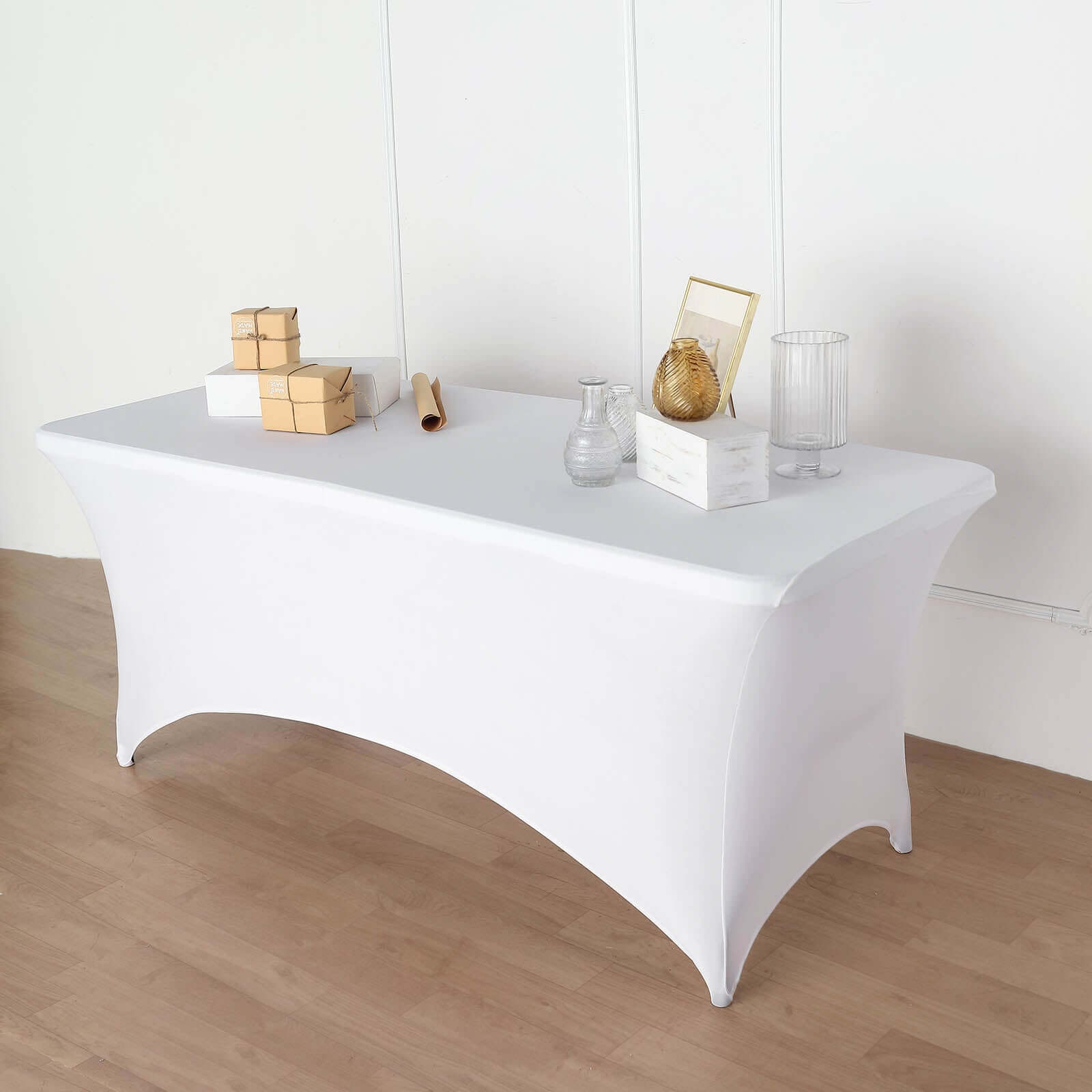 Stretch Spandex 72"x30" Rectangular Table Cover White with Curved Open Back Design Tailored Professional Look for Tradeshows, Events & Exhibitions