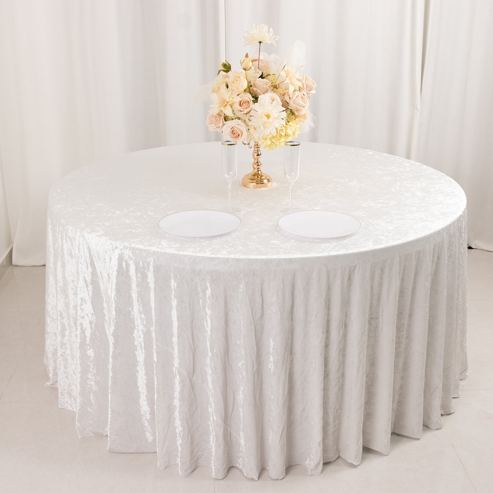 Premium Crushed Velvet 120" Round Tablecloth White - Reusable Soft & Stylish Seamless Table Cover