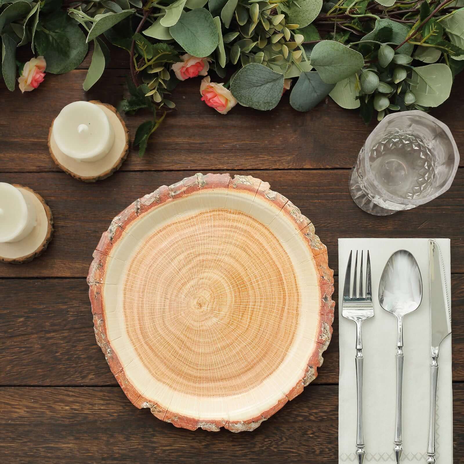 25-Pack Paper 10" Round Dinner Plates in Natural Wood Slice Print - Rustic & Nature-Inspired Disposable Party Plates
