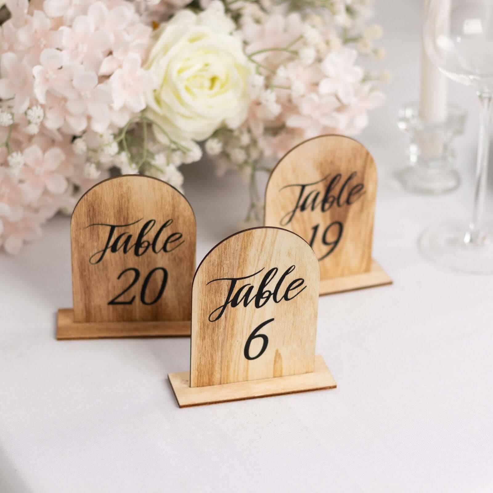 20-Pack Natural Wooden Table Numbers 1-20 Rustic Arch Design with Removable Base - Ideal for Banquets and Receptions 4.5"