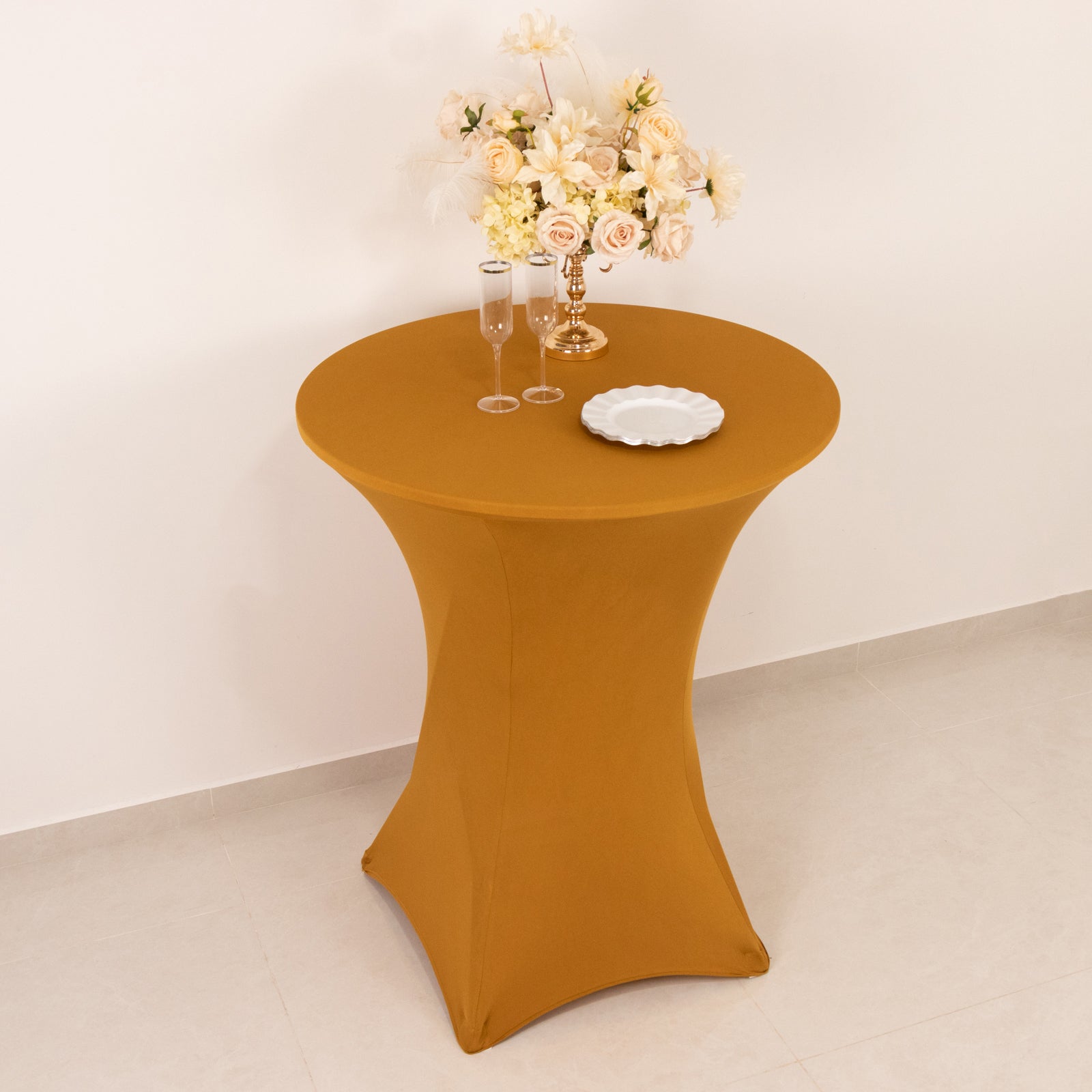 Spandex 33"-36" Round Cocktail Table Cover Gold - Easy to Maintain Stretch Fitted Highboy Tablecloth for Events