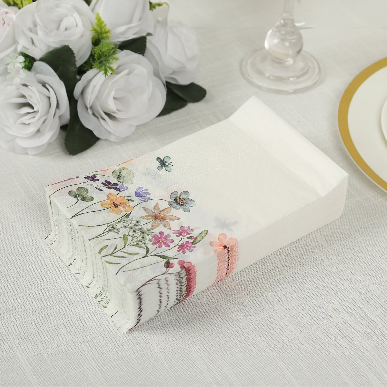 50-Pack Paper Dinner Napkins Wildflower Butterfly Design 2 Ply - Soft Disposable Napkins for Parties 8"x4"