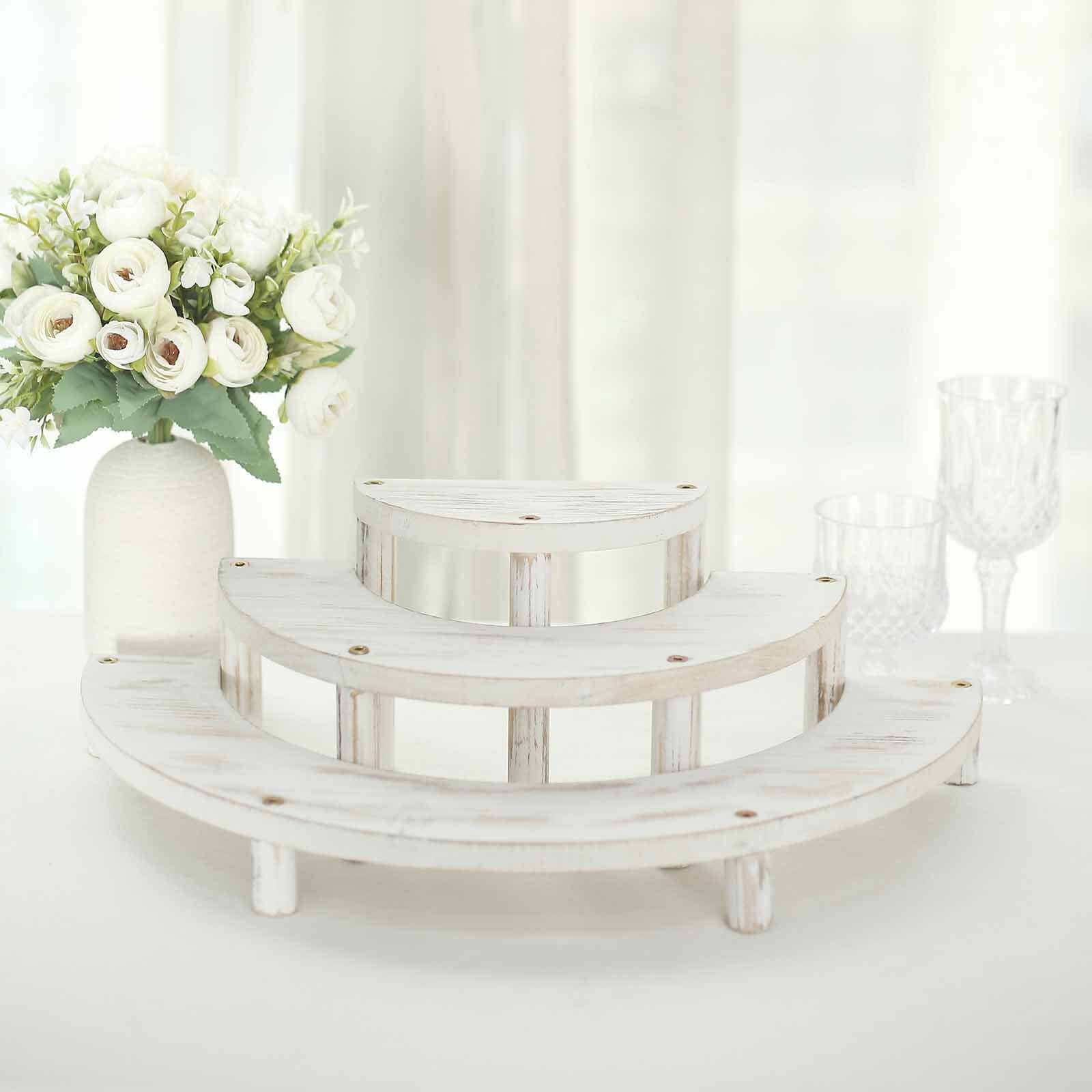 Set of 3 Wooden Dessert Pedestals Rustic Whitewashed 3-Tier Semicircle Design - Half Moon Cupcake Display Risers 7", 13", 18"