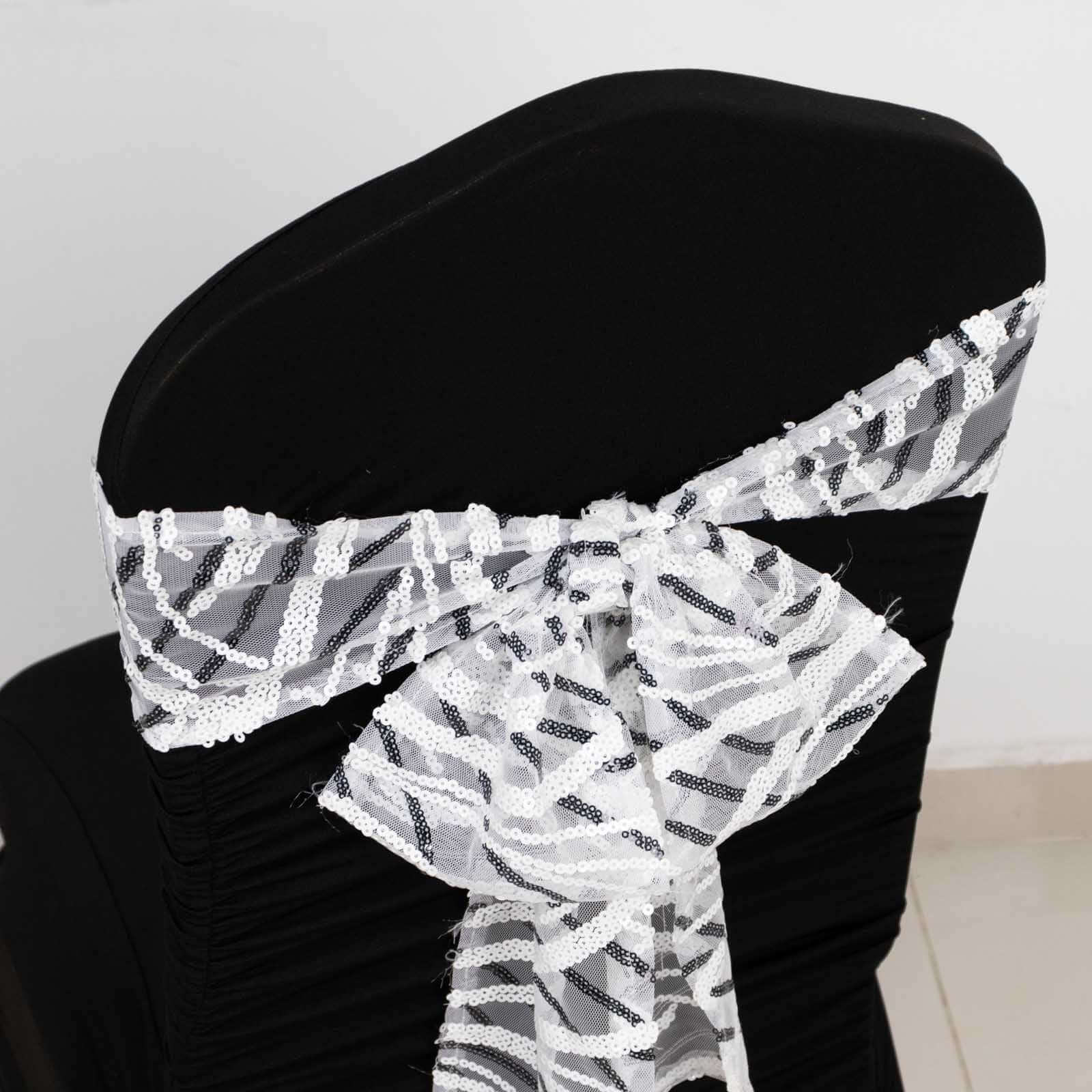 5 Pack Chair Sashes with Wave Embroidered Sequins White/Black 6"x88" - Stylish Glittering Decor for Weddings