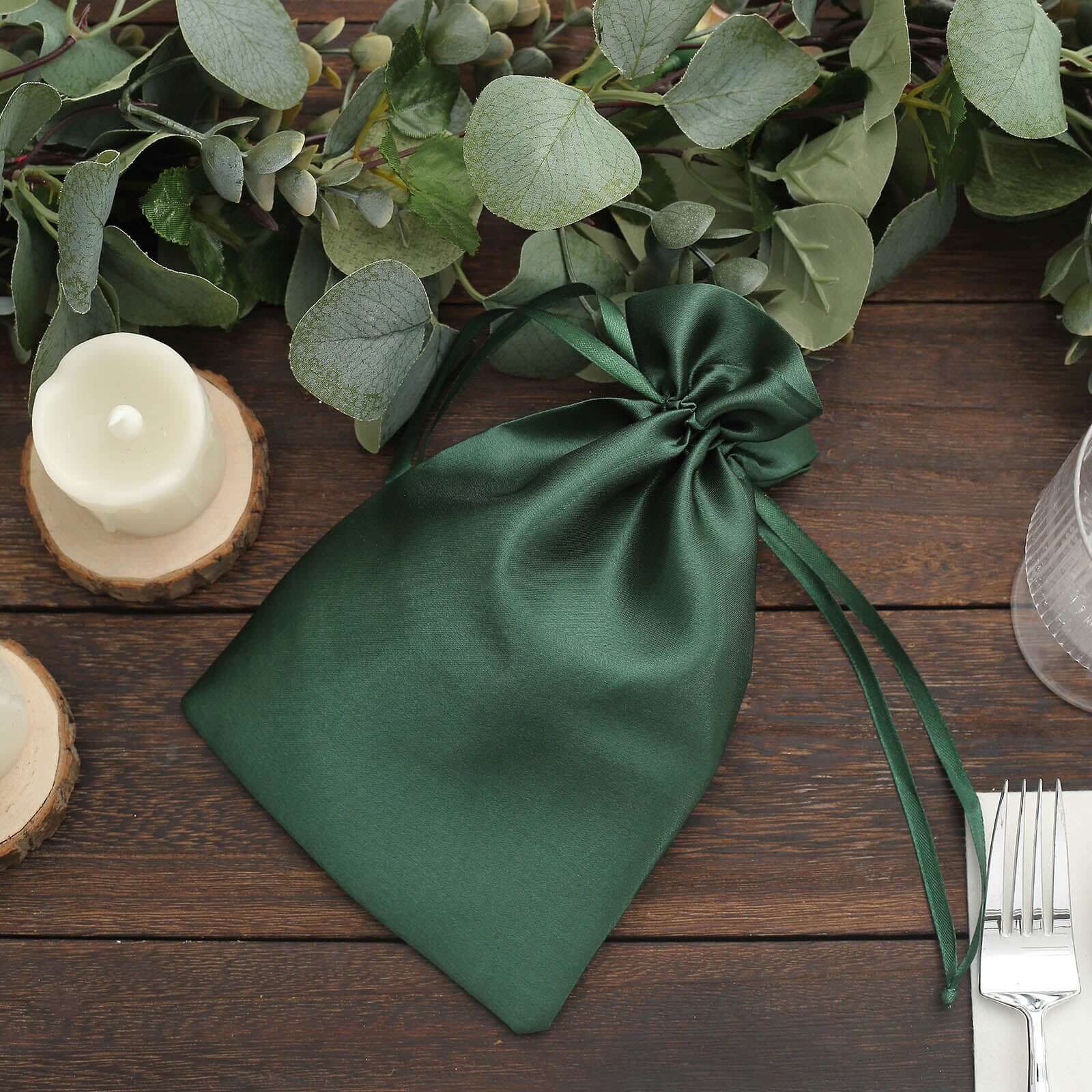12 Pack 6"x9" Hunter Emerald Green Satin Wedding Party Favor Bags, Drawstring Pouch Gift Bags