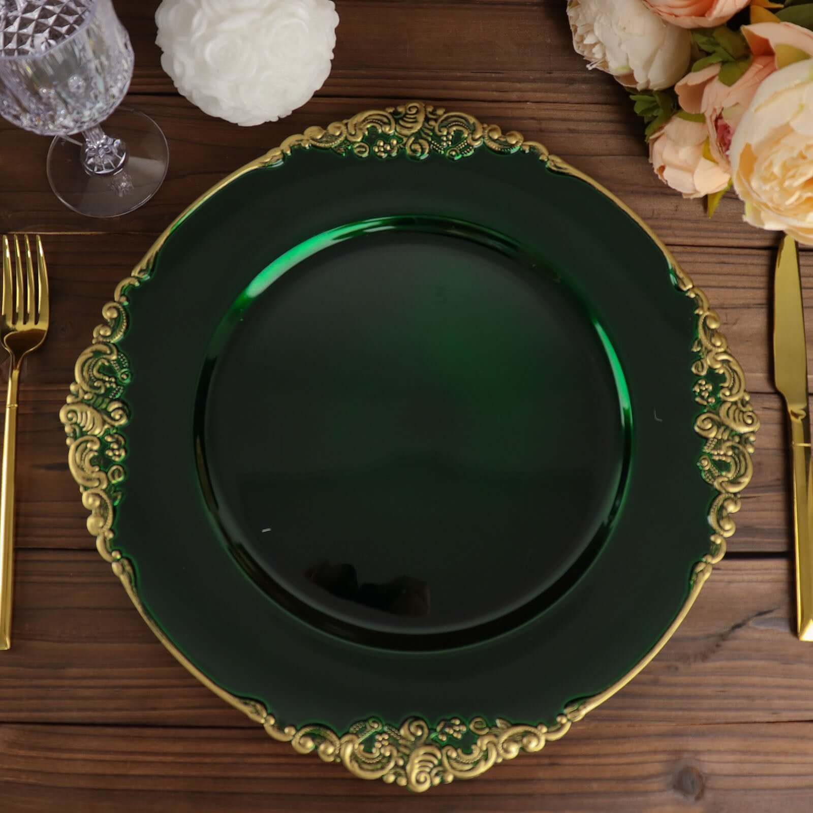 6-Pack Acrylic Round Charger Plates 13" in Hunter Emerald Green with Gold Embossed Baroque Rim, Antique Decorative Dinner Party Charger Tableware