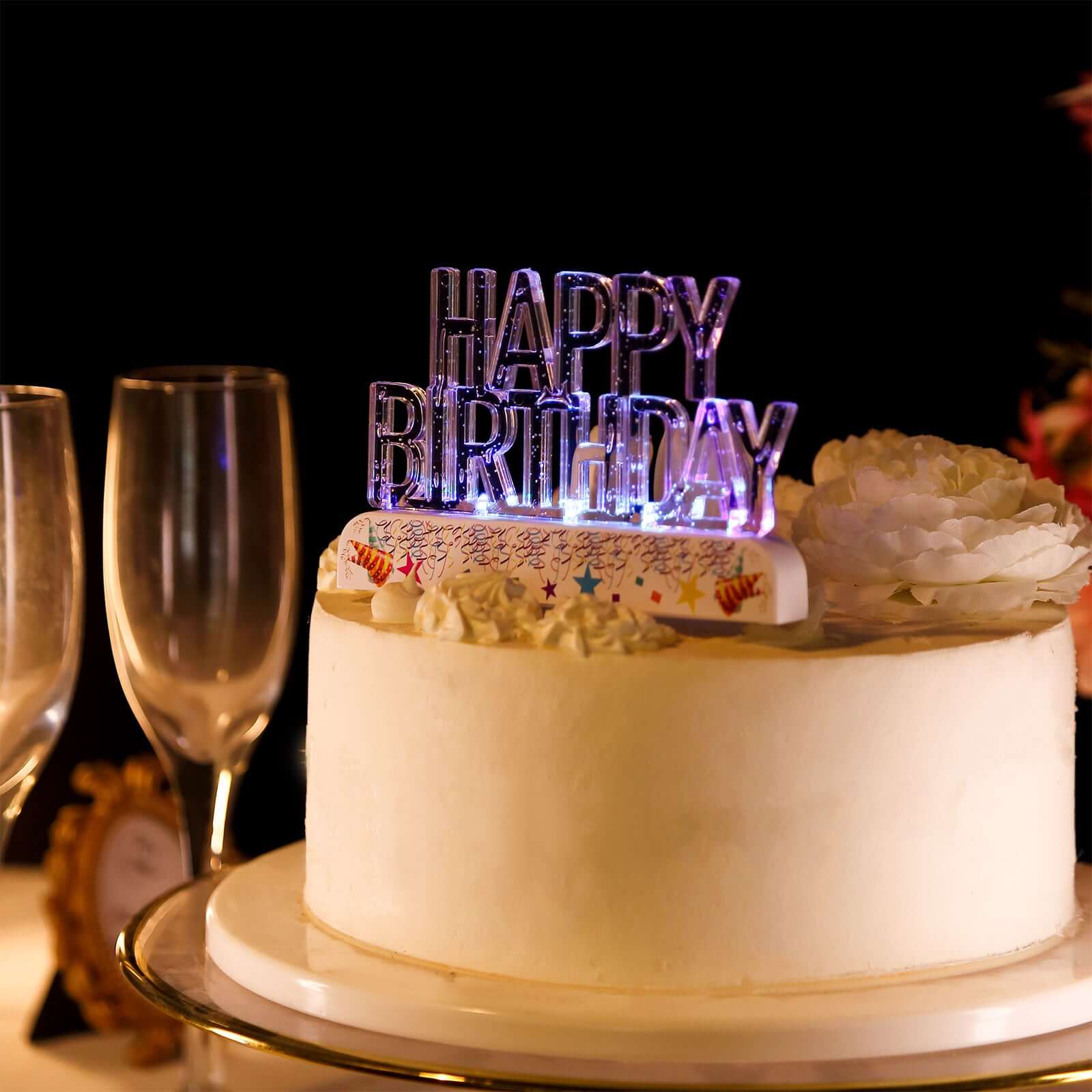 LED Cake Topper Multicolor Flashing Clear Acrylic - Perfect Happy Birthday Party Decor 5"x3"