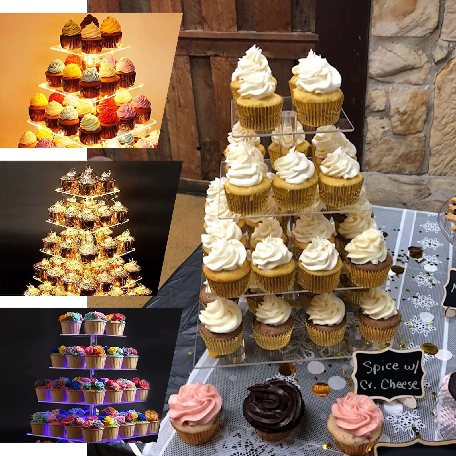 4-Tier Acrylic Square Cupcake Stand Clear - Heavy Duty Dessert Tower Display Holder for Pastries Appetizers & Snacks 12"