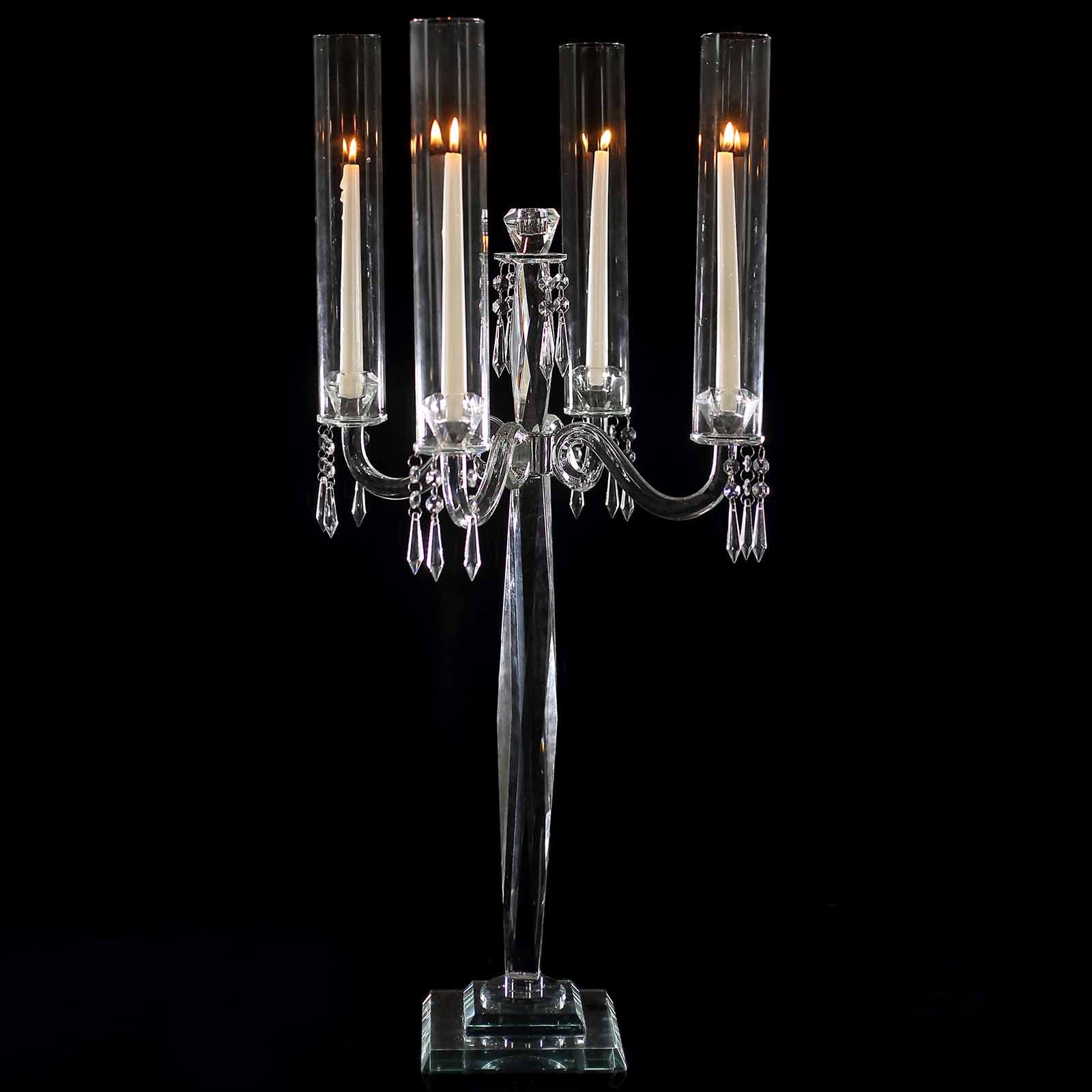 4 Arm Crystal Glass Taper Candle Holder Candelabra, Decorative Table Centerpiece With Chandelier Chains 36"
