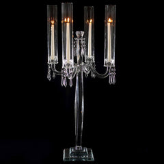 4 Arm Crystal Glass Taper Candle Holder Candelabra, Decorative Table Centerpiece With Chandelier Chains 36"