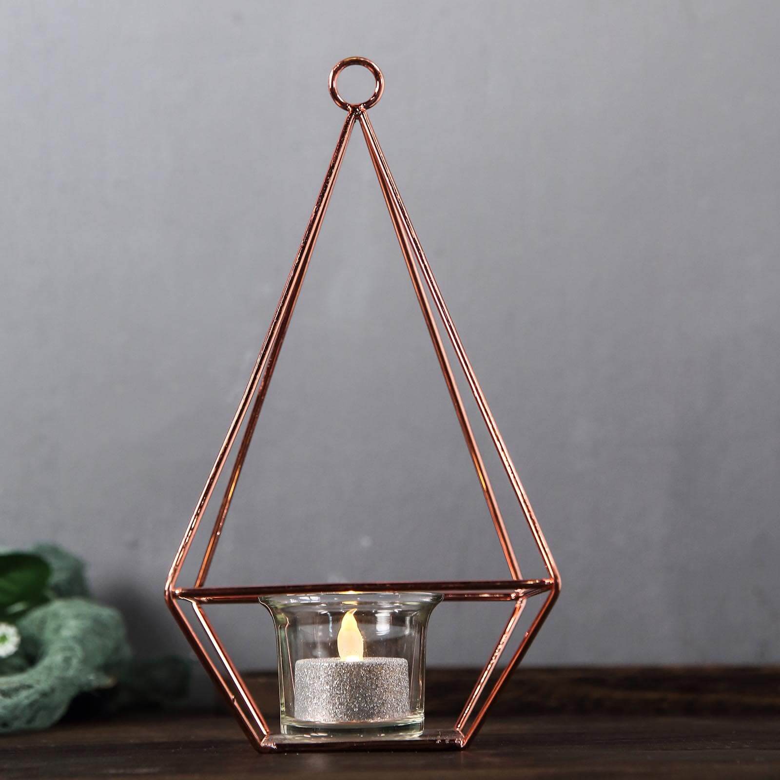 2-Pack Tealight Candle Holders Rose Gold Metal Pyramid Geometric Open Frame - Flower Stand 9"