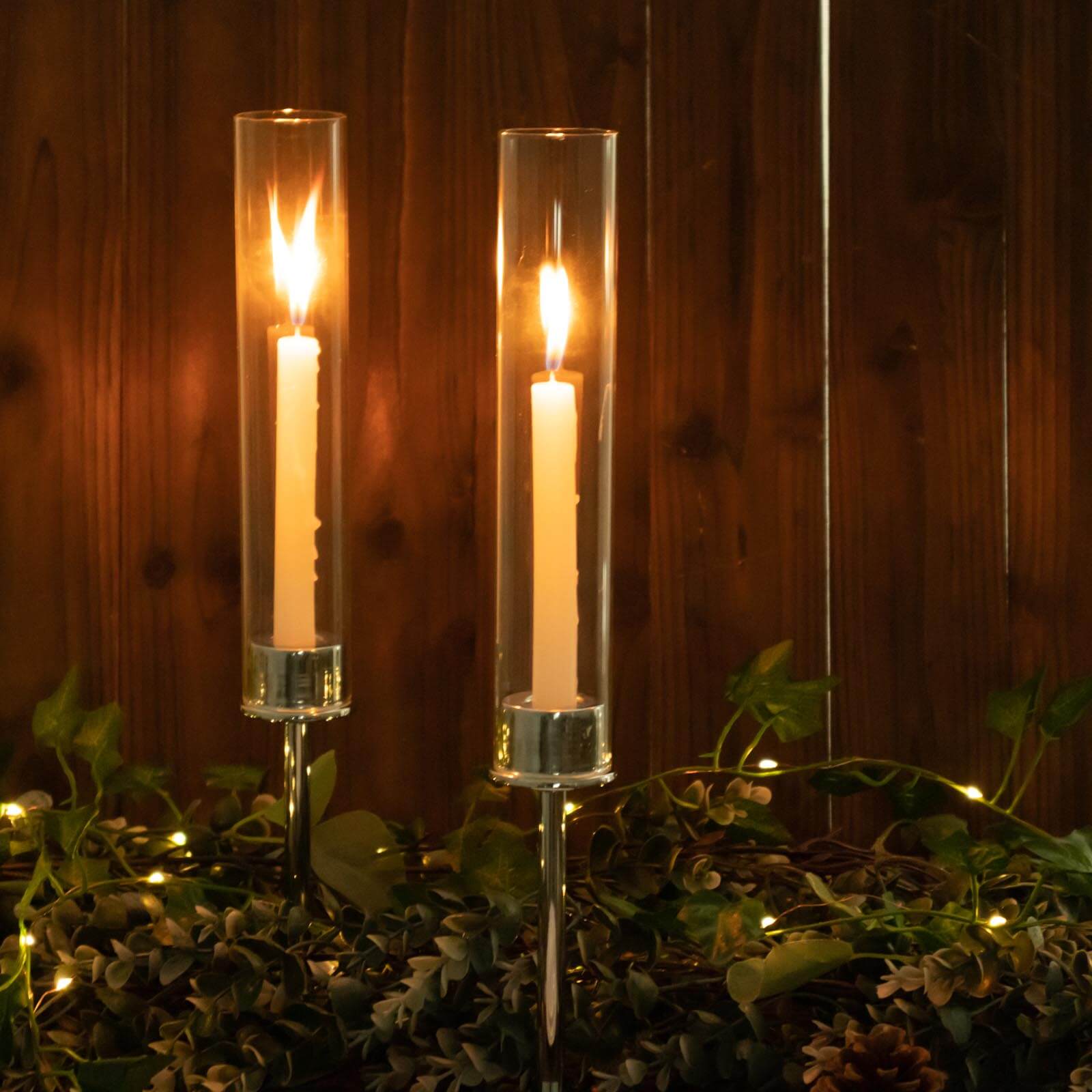 2-Pack Silver Metal Taper Candlestick Holders, Clear Glass Hurricane Candle Stands With Chimney Candle Shades 16"
