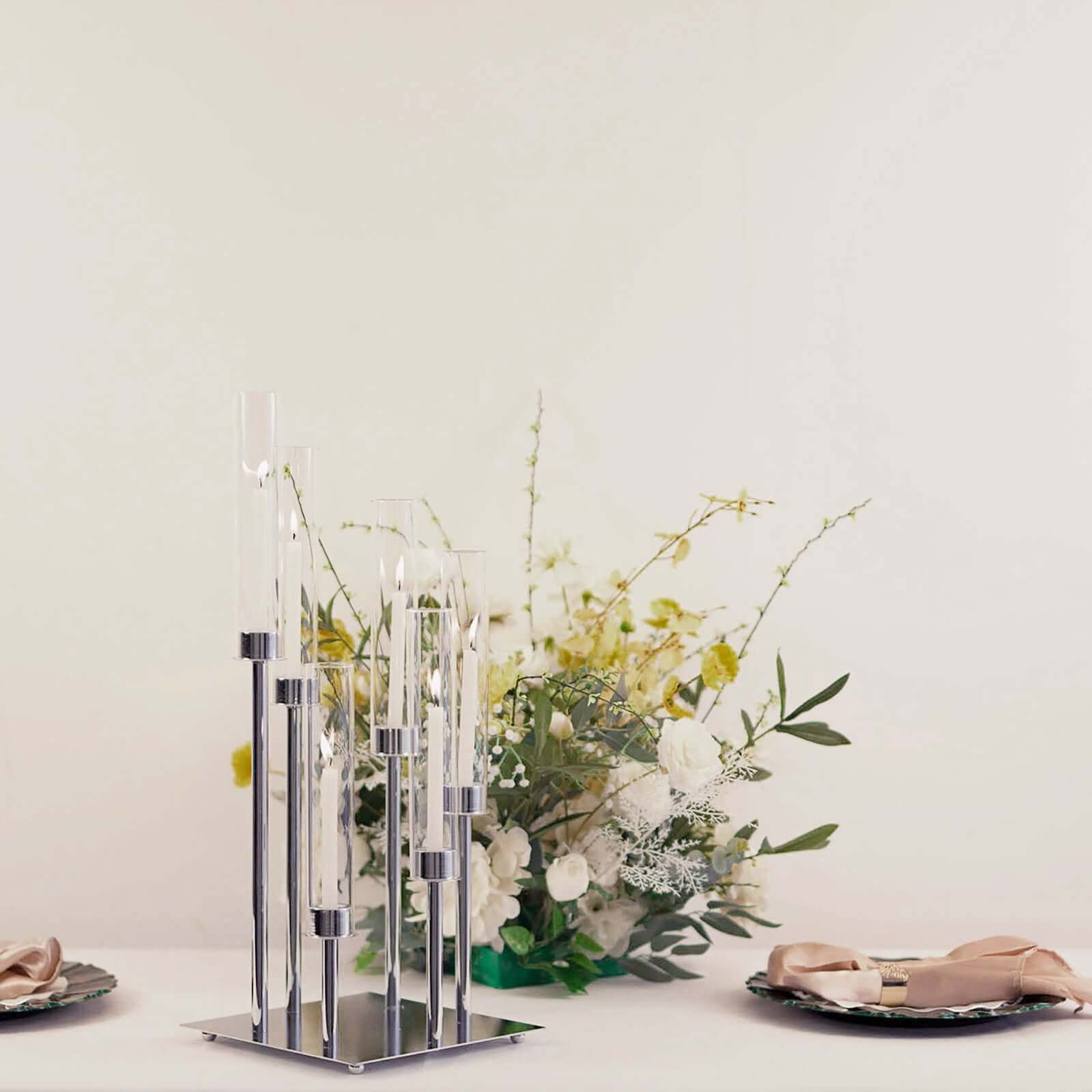 6-Arm Cluster Taper Candle Holder Silver with Clear Glass Shades - Sleek Candle Display for Gatherings 24"
