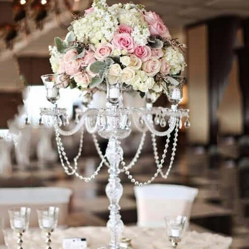 4-Arm Crystal Chandelier Candelabra Silver Metal - Sophisticated Taper Candlestick Holder Table Centerpiece 35"