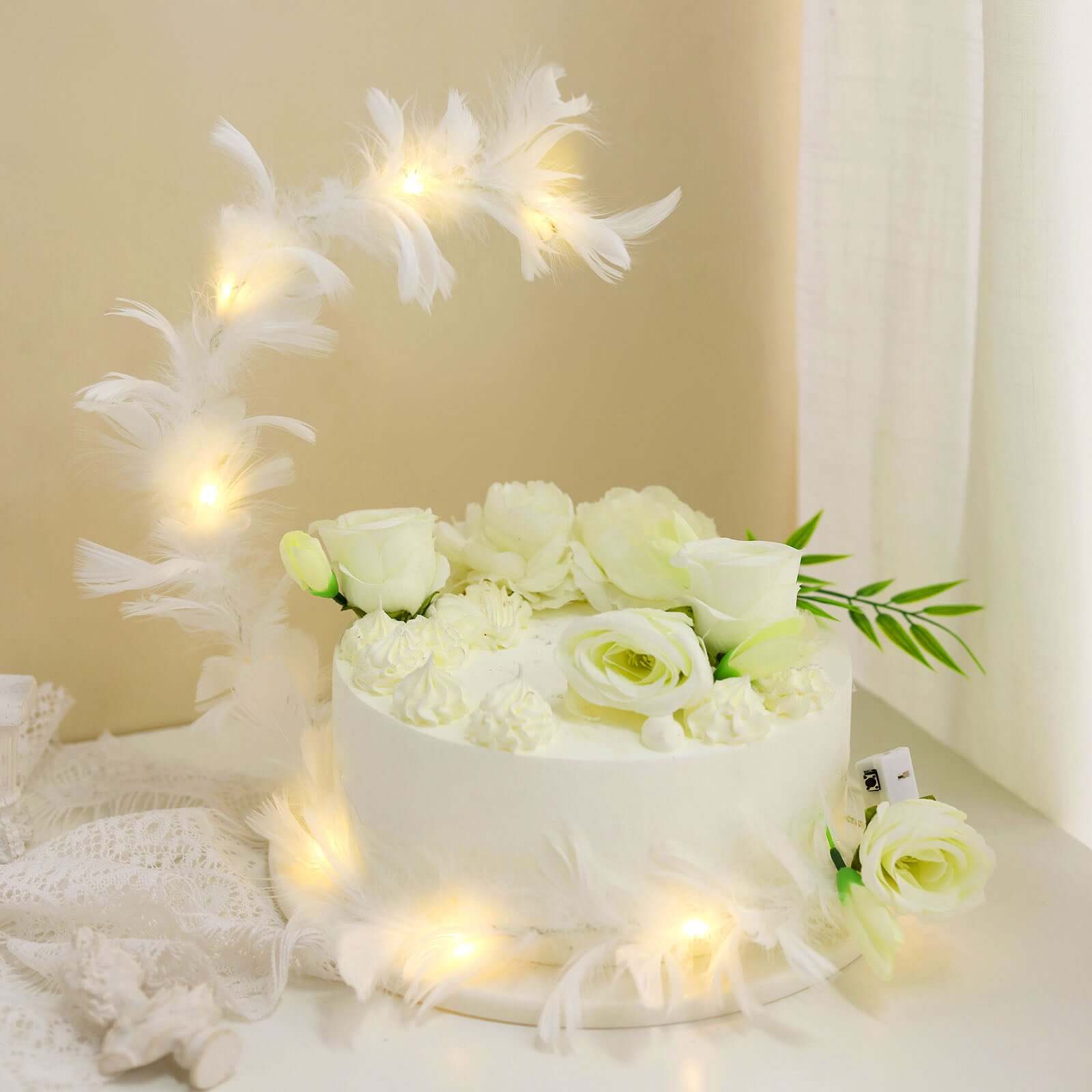 Ostrich Feather Cake Topper with LED Light Up Design - Real Feather Wedding Cake Decor 35"