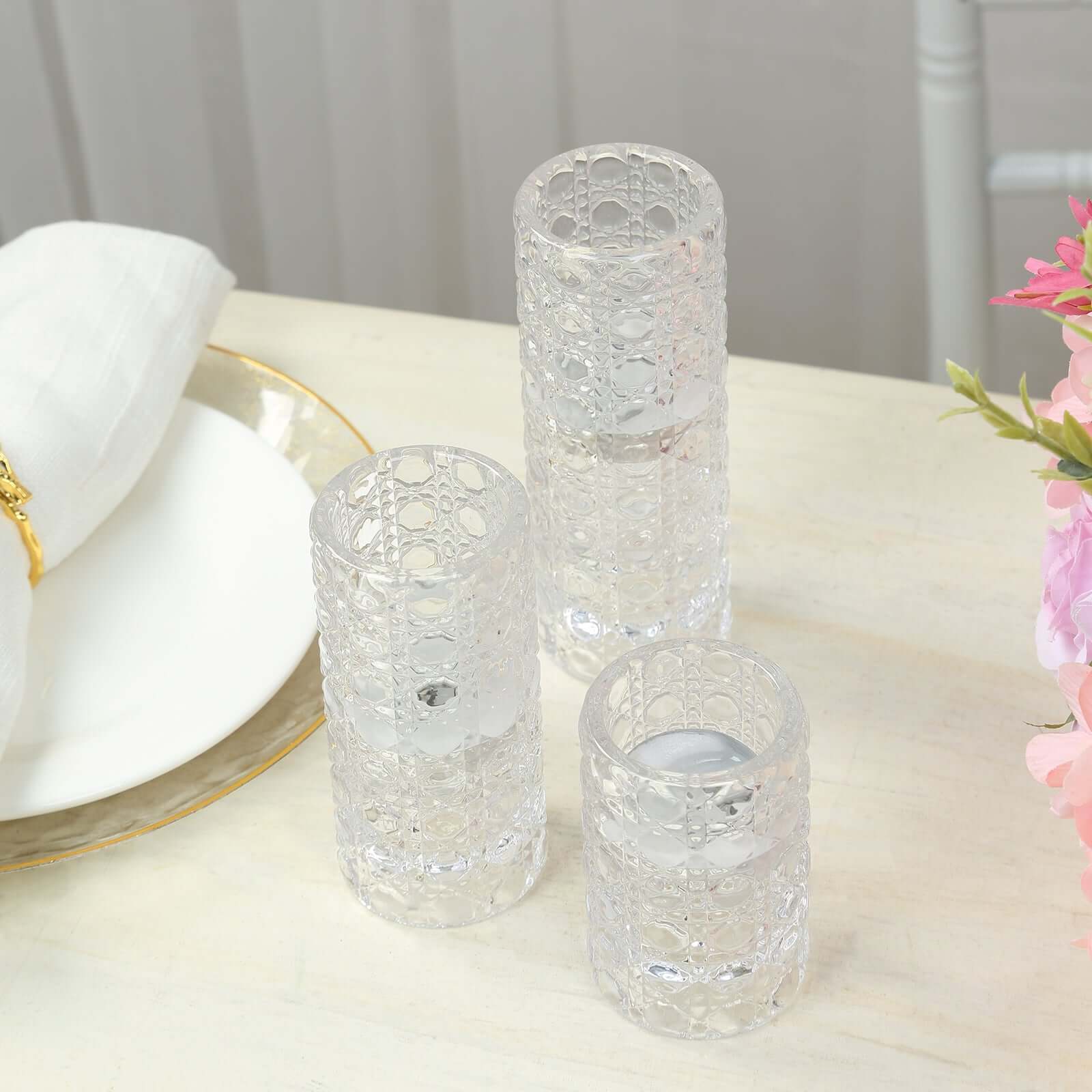 Set of 3 Glass Taper Candle Holders Clear with Gemstone Pattern - Dual Sided Crystal Cylinder Tealight Stands 3", 4", 5.5"