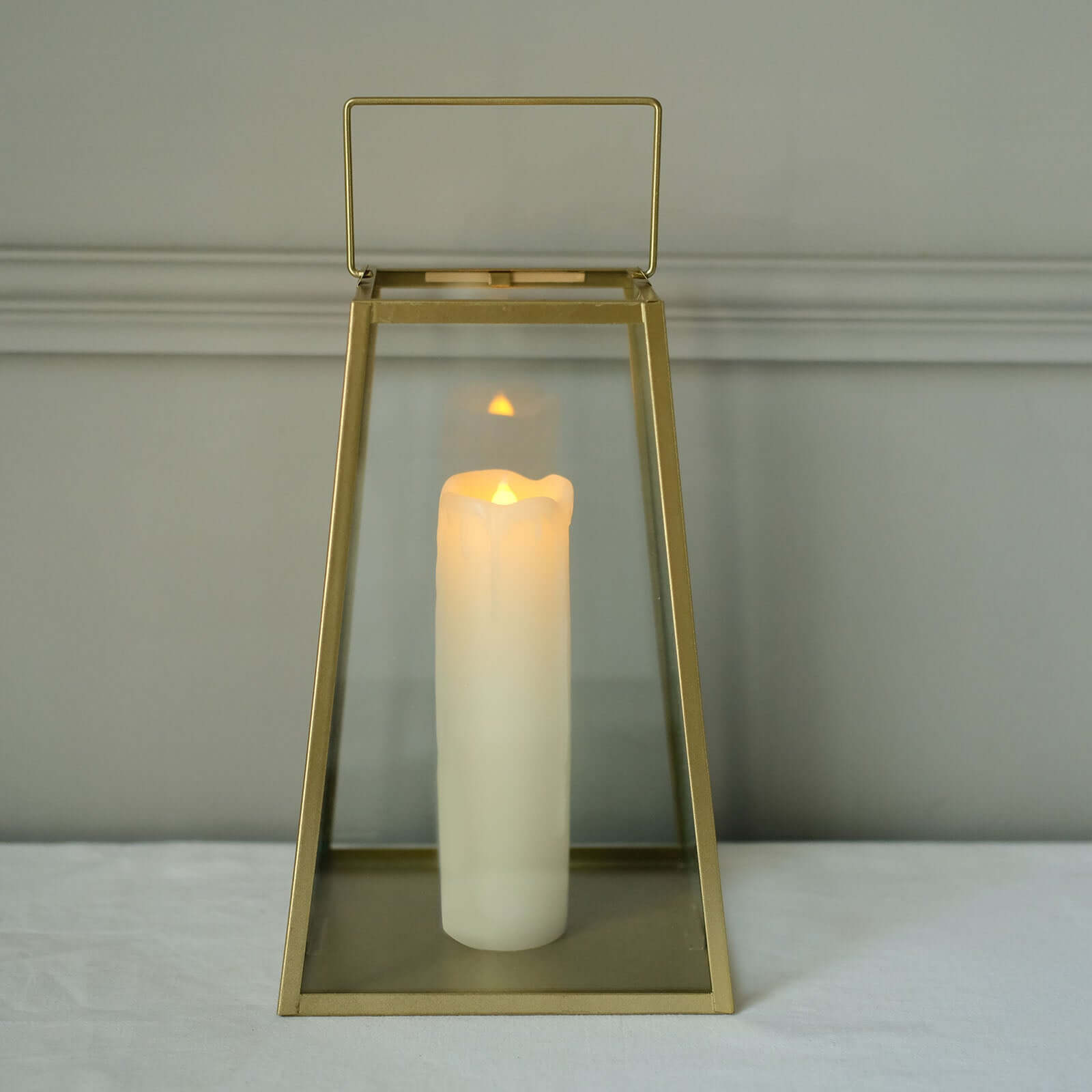 Metal Candle Lantern Trapezoid Geometric Design Gold - Hanging Terrarium Table Centerpiece for Indoor/Outdoor 10"