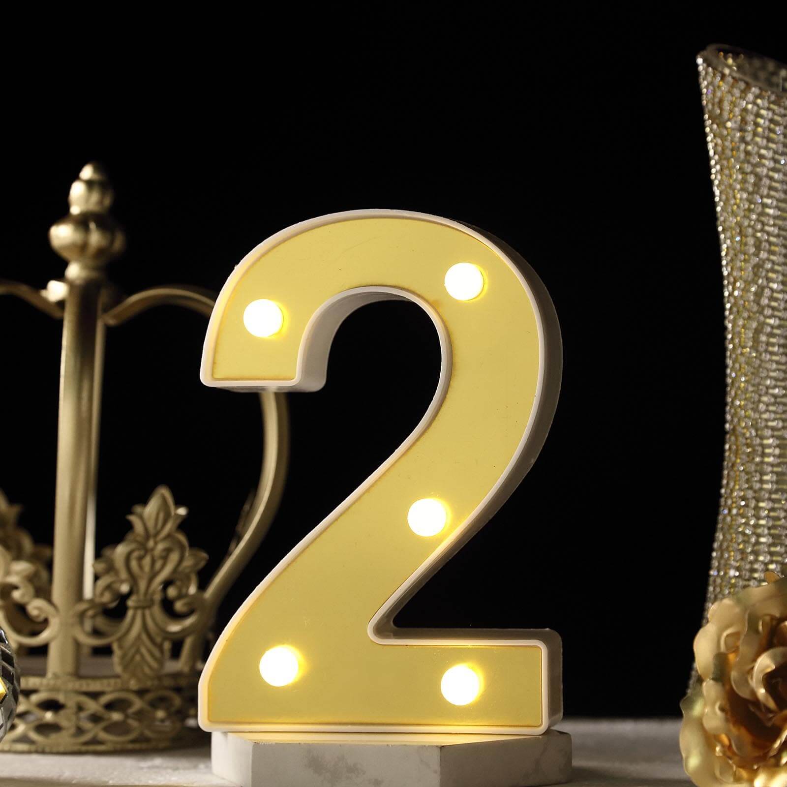 3D Marquee Number "2" Warm White 5 LED Lights Gold - Stylish Light-Up Accent for Events 6"