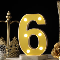 3D Marquee Number "6" Warm White 6 LED Lights Gold - Stylish Light-Up Accent for Events 6"