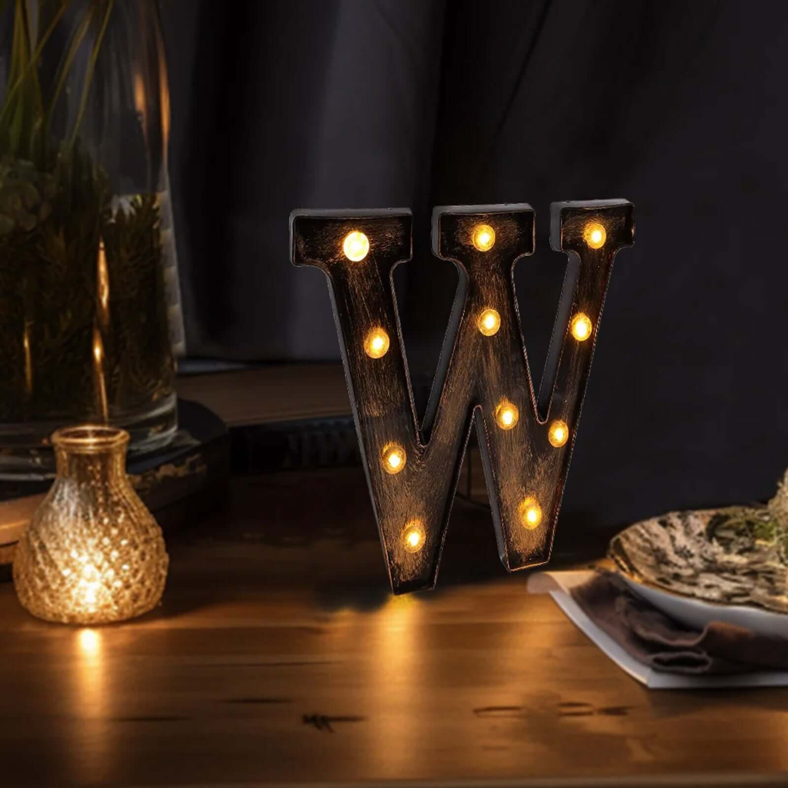 LED Marquee Letter "W" Industrial Style Antique Black - Light-Up Alphabet Sign for Weddings & Displays 9"