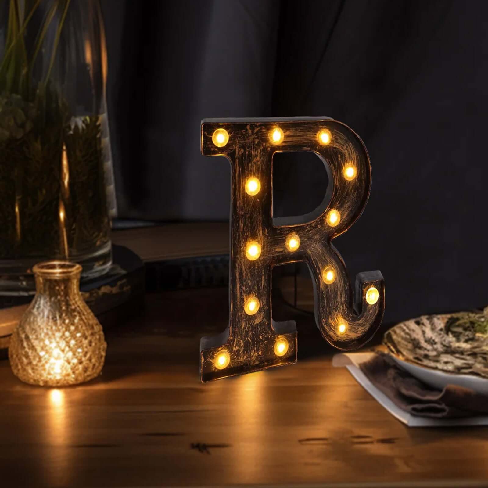 LED Marquee Letter "R" Industrial Style Antique Black - Light-Up Alphabet Sign for Weddings & Displays 9"